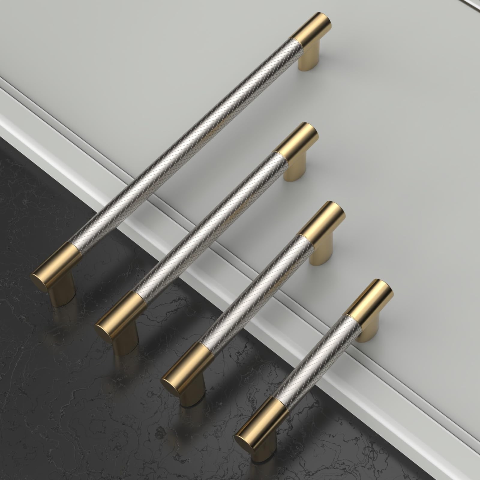 Amerdeco 10 Pack Brushed Nickel And Gold Knurled Cabinet Pulls 6.3 Inch Hole
