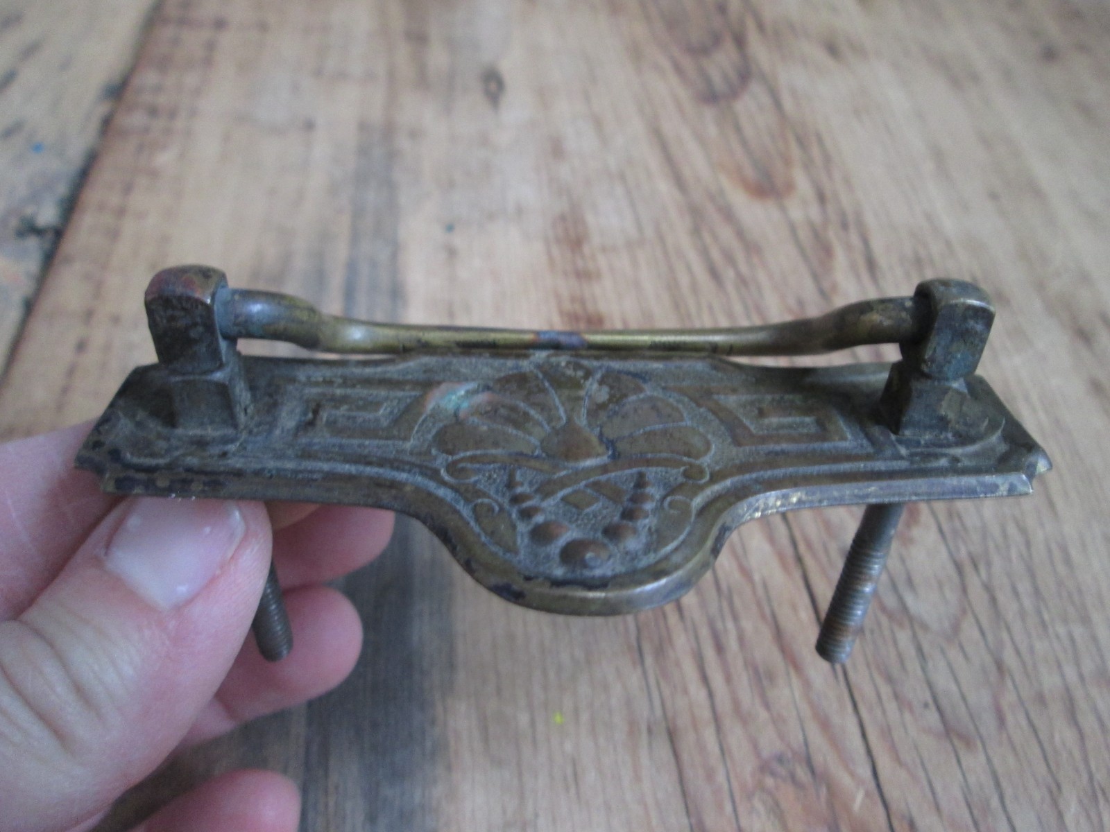 Vintage Drawer Pull Drop Bail Antique Brass Pull Cabinet Acorn Floral Pressed