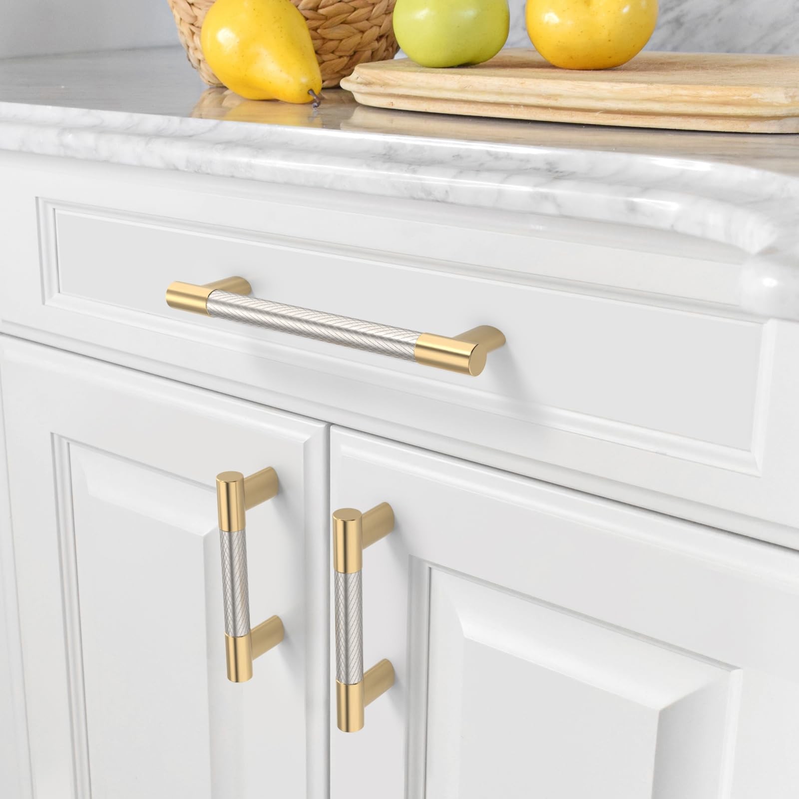 Amerdeco 10 Pack Brushed Nickel And Gold Knurled Cabinet Pulls 6.3 Inch Hole