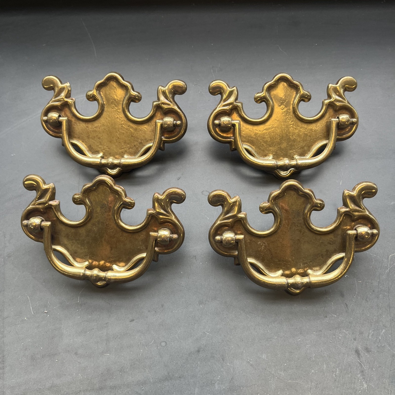 Set of 4 Vintage Brass Chippendale Batwing Drawer Pulls Bail Handles Salvaged