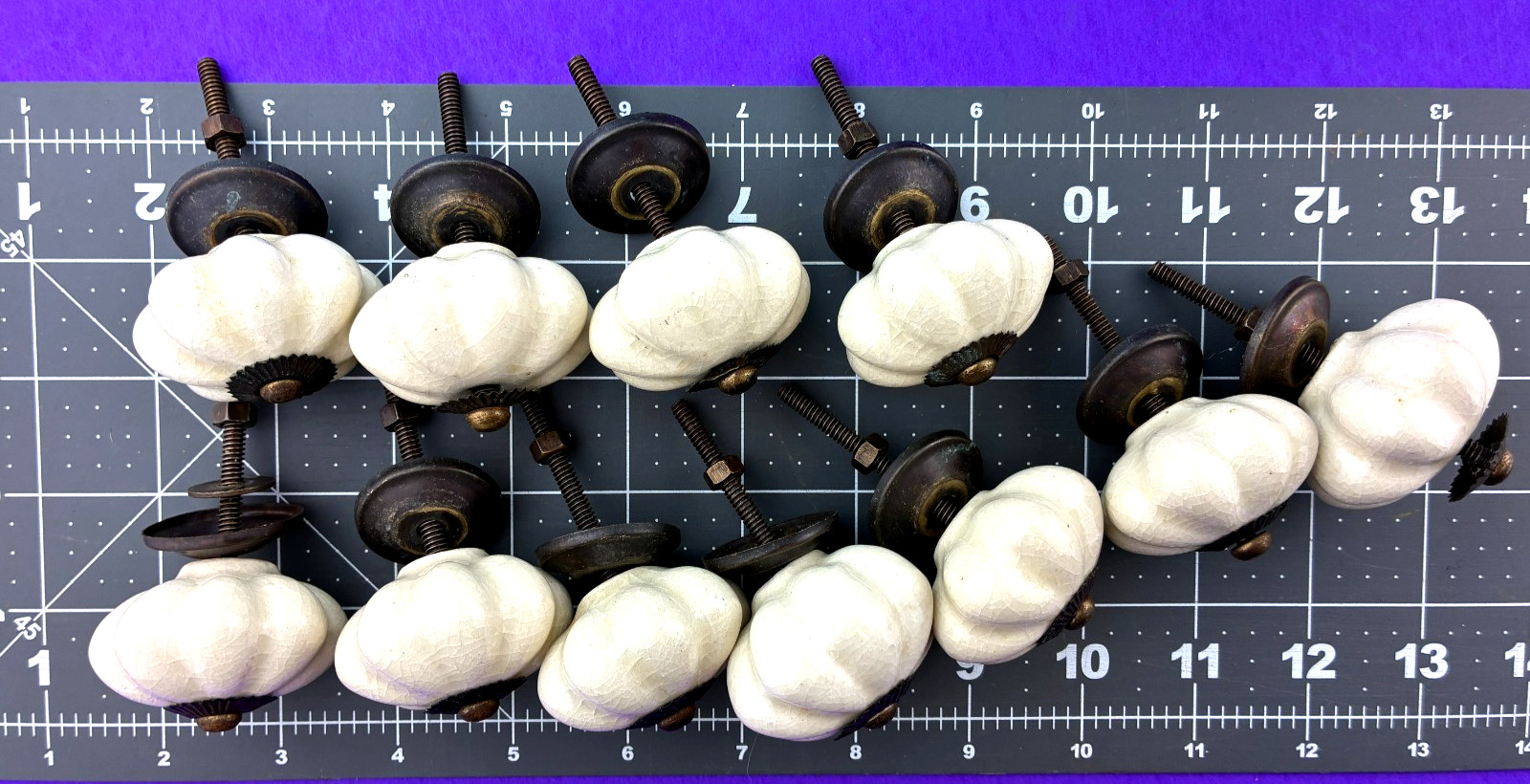 (11)Antique White Porcelain Brass Drawer Pull Knob Ornate Decorative Hardware JS