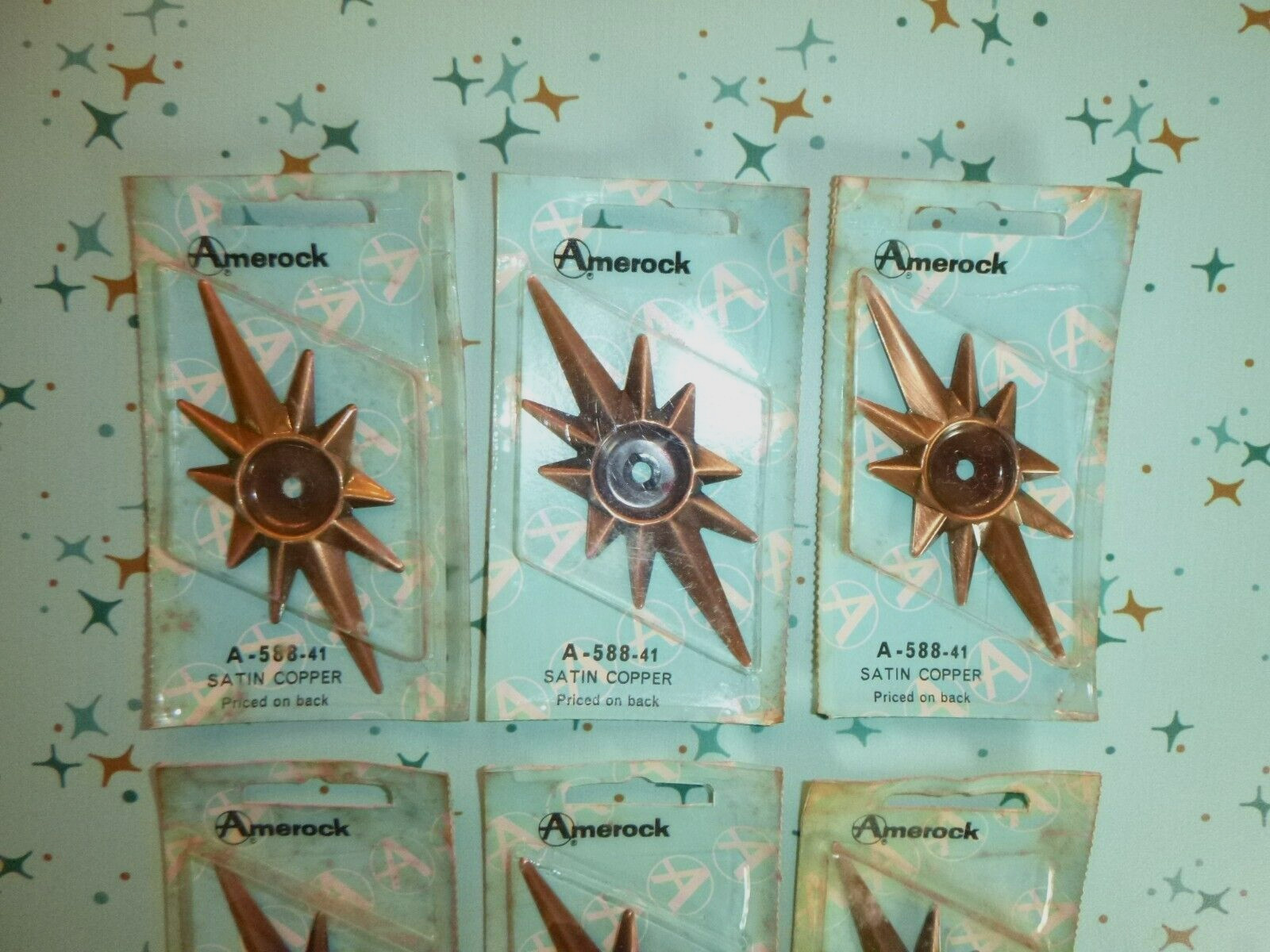 6 NOS Vtg Mid Century Amerock Starburst Backplates Satin Copper Cabinet Hardware