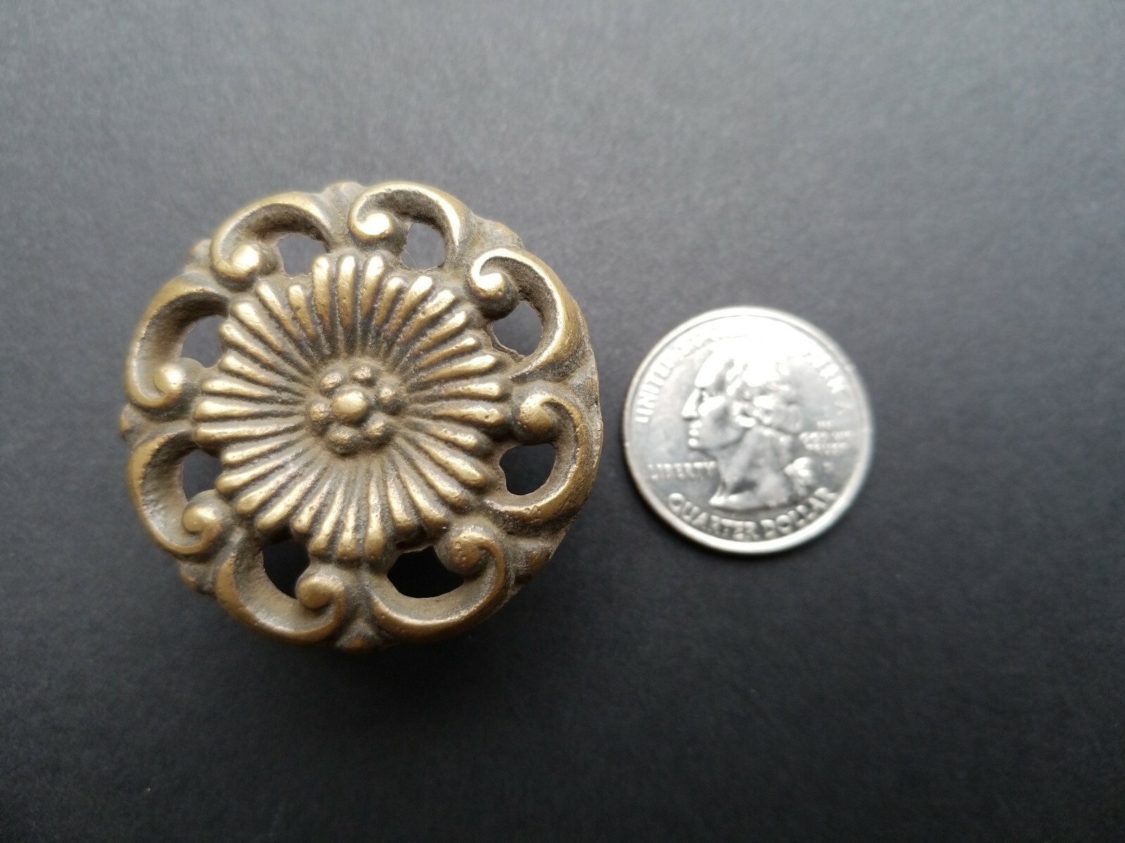 4 Antique Style Solid Brass ROUND KNOBS Ornate FLORAL 1-5/8″ dia. #K24