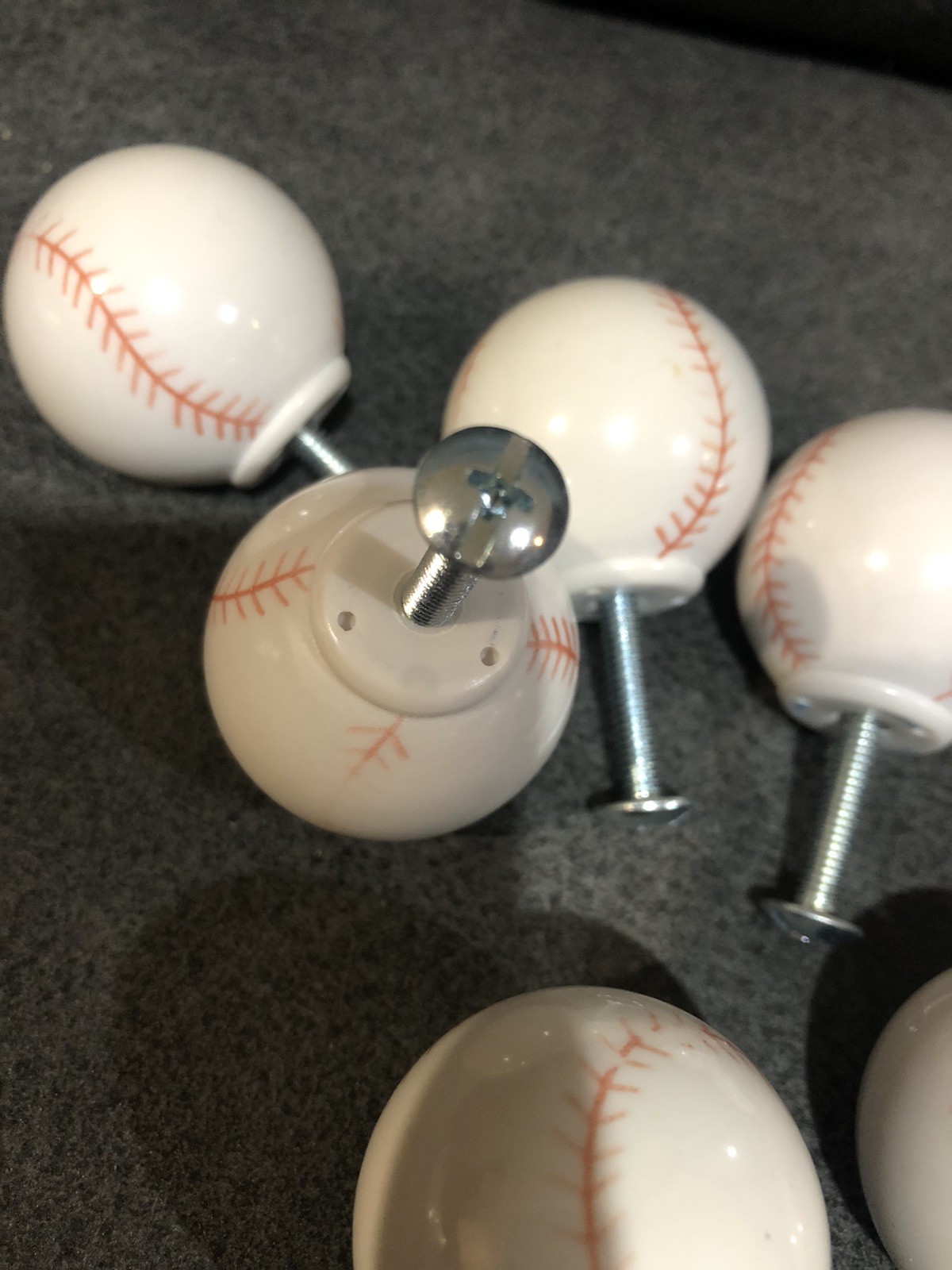 Lot of 8 Baseball Shaped Plastic Dresser Drawer Pulls With Screws – Nice Shape
