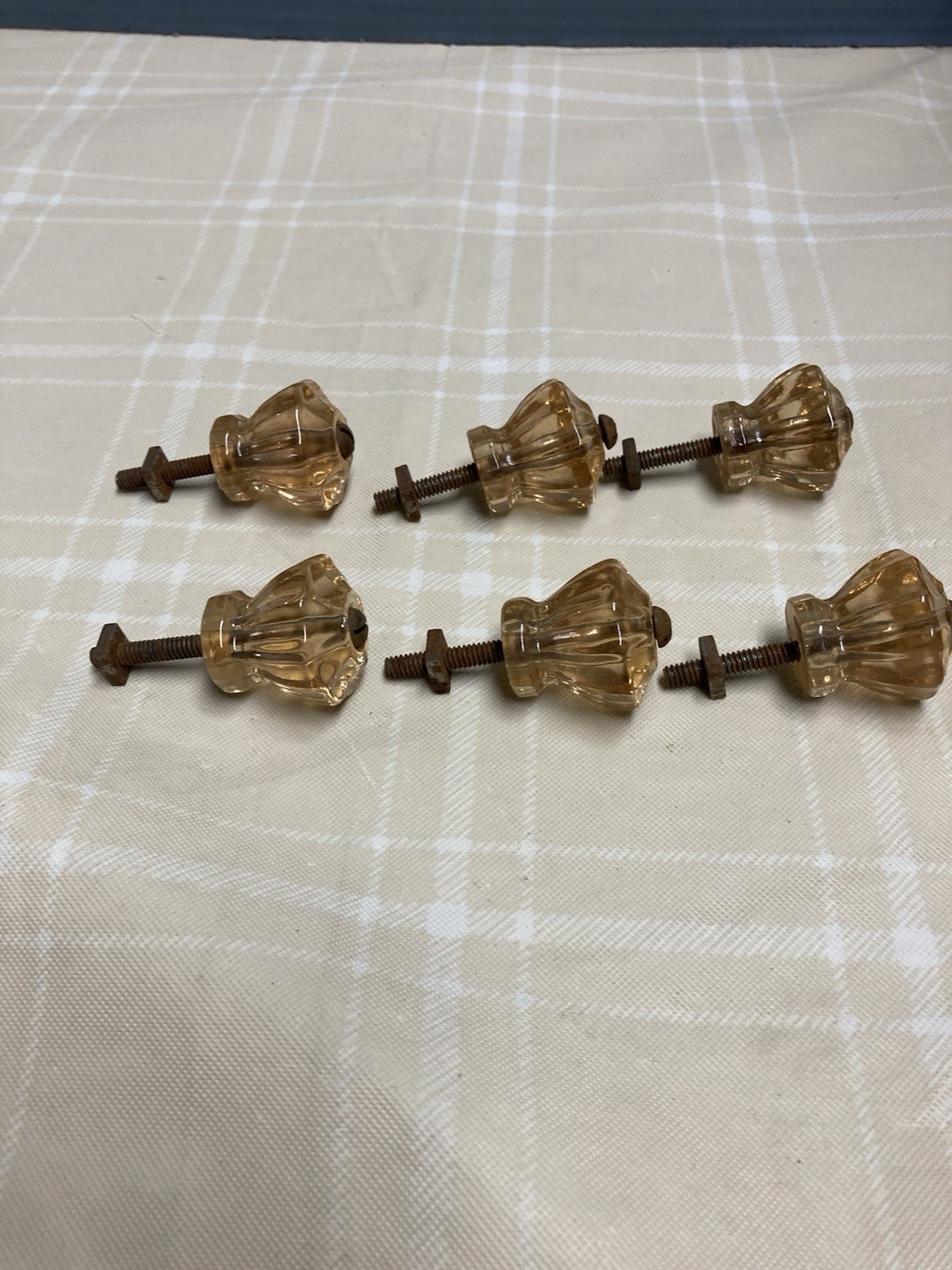 Vtg Lot Of 6 Glass Drawer Pulls Amber Color Hexagon