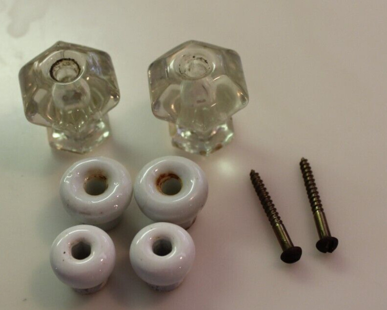 Vintage/Antique 4 Ceramic Dresser Knobs Pulls Plus 2 Glass Hexagon Knobs Pulls