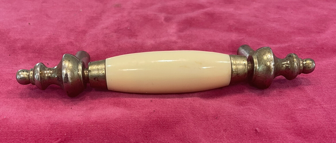 1960’s Aged Brass Steeple Tips 3” Center White/Off-White Beige Porcelain Drawer