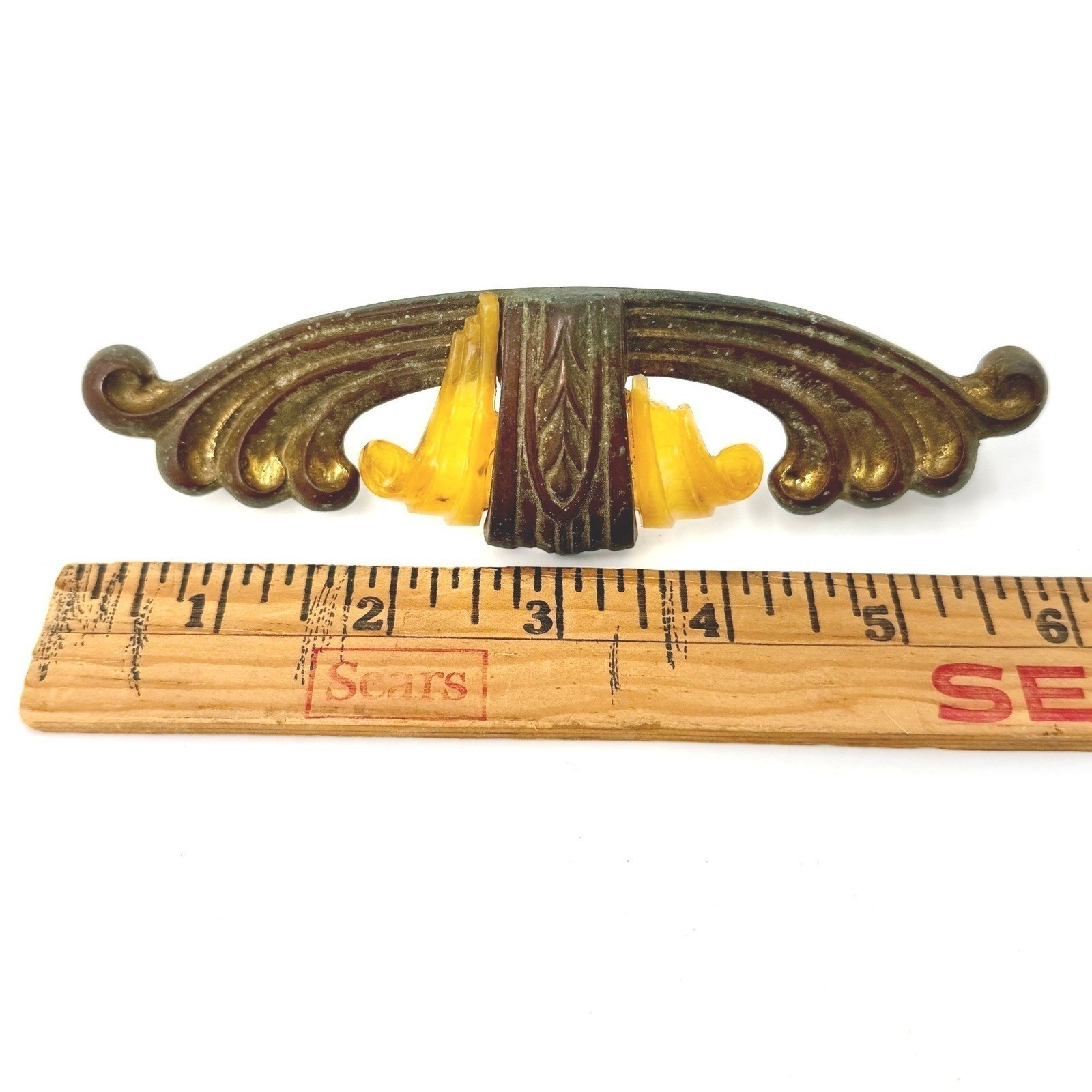 Vintage Art Deco Bakelite Brass Drawer Pull Butterscotch Yellow Winged Handle