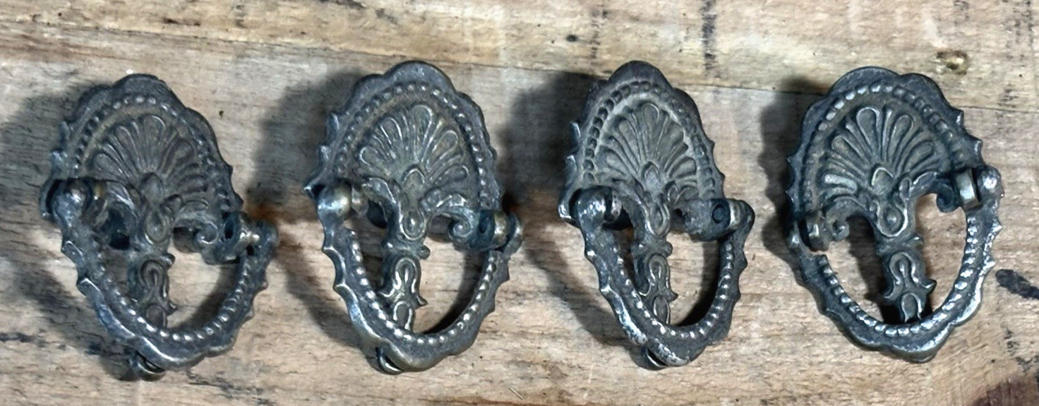 4 Antique 19th C Nickel Plated Cast Brass Small Drawer Pulls 2″ Tall x 1 1/2″ W