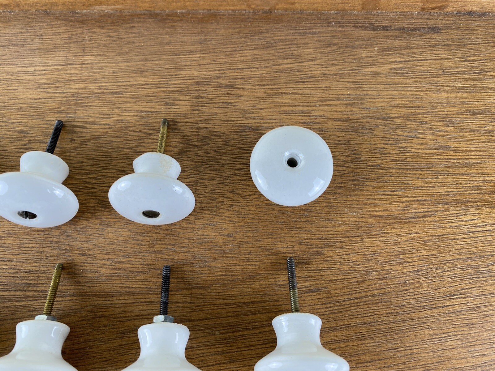 Vintage White Porcelain Mushroom Knobs Drawer Pulls w Brass Hardware Lot of 14+