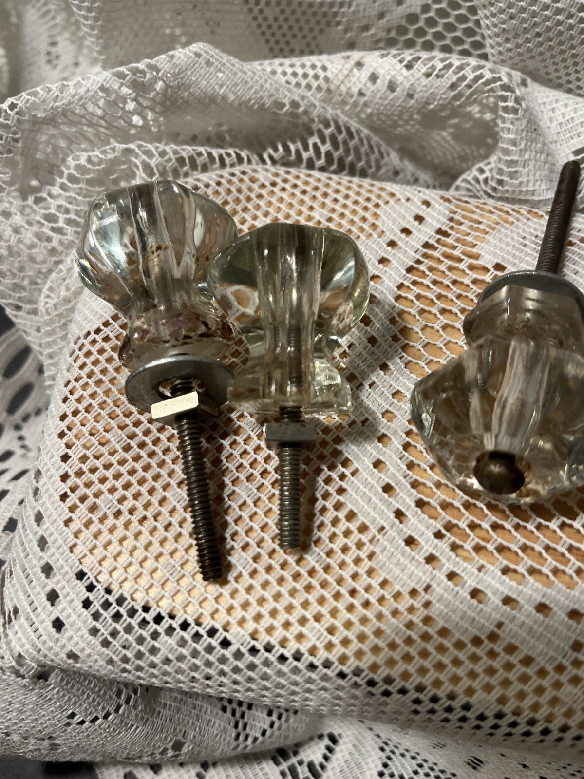 5 Vintage Antique Clear Glass Hexagon Dresser Drawer Cabinet Pulls Knob 1 1/2″
