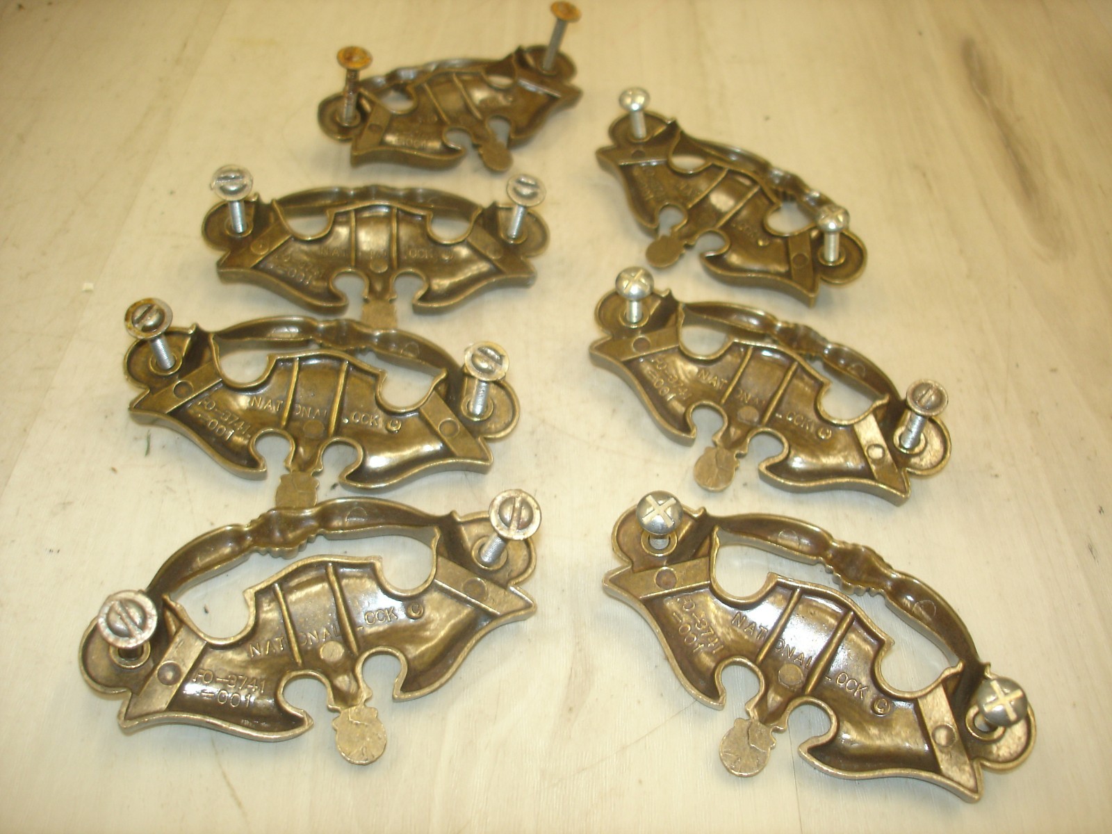 7 Vintage National Lock Brass 3″ Center Dresser Drawer Pulls FO-3741-001
