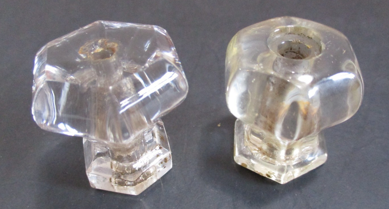 Hexagonal Clear Glass Drawer Knobs 6 Sided Dresser or Cabinet Pulls Salvage 6 PC