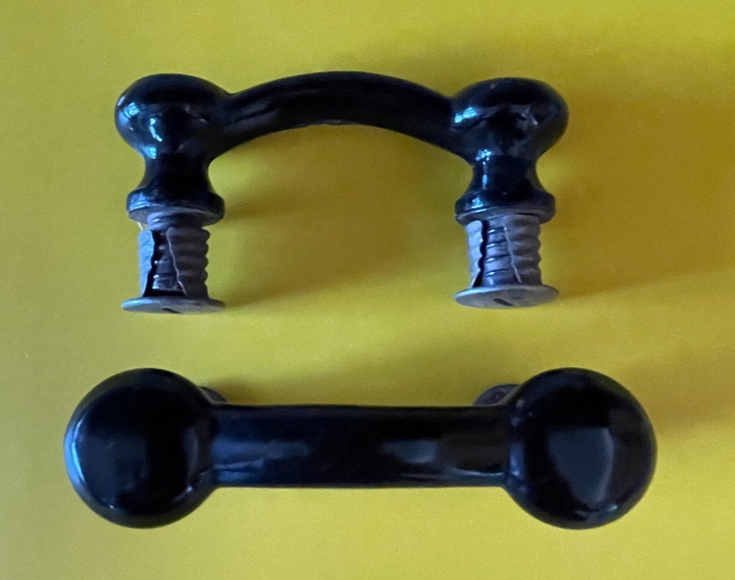 2 Edwardian Eastlake Black Milk Glass Cabinet Pulls w/ Threaded Backs 1920-30s