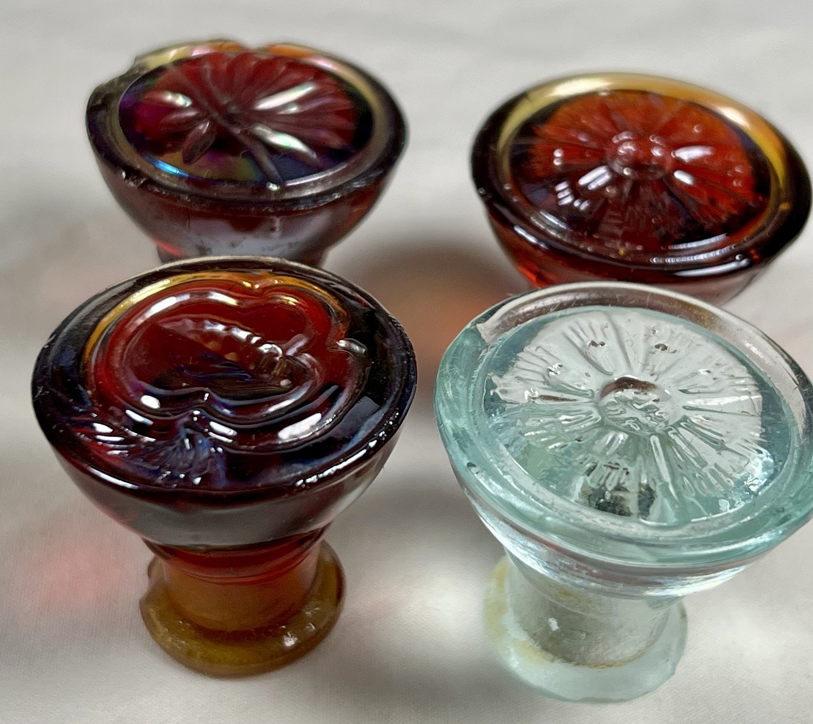Vintage Glass Cabinet Knobs, 3 reddish Orange, One Greenish Clear,1 1/4 Inch