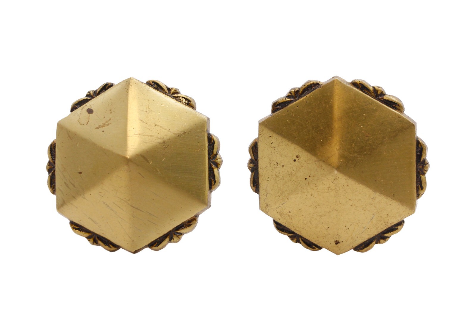 Pair of Vintage 2.25 in. Hexagon Scalloped Brass Cabinet Drawer Knobs