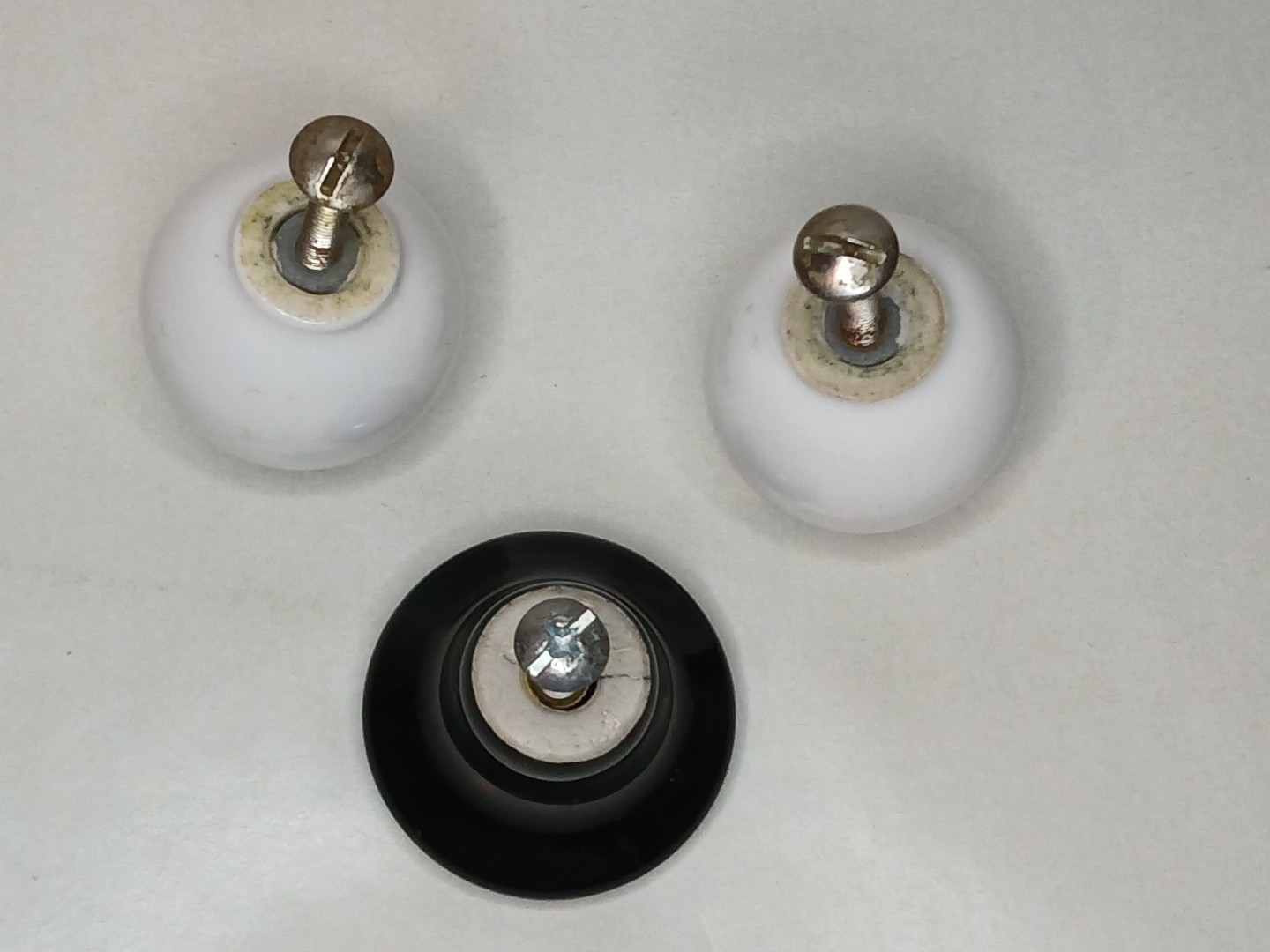 Vintage Round White & Black Porcelain Cabinet Drawer Pulls Lot Of 3 Knobs