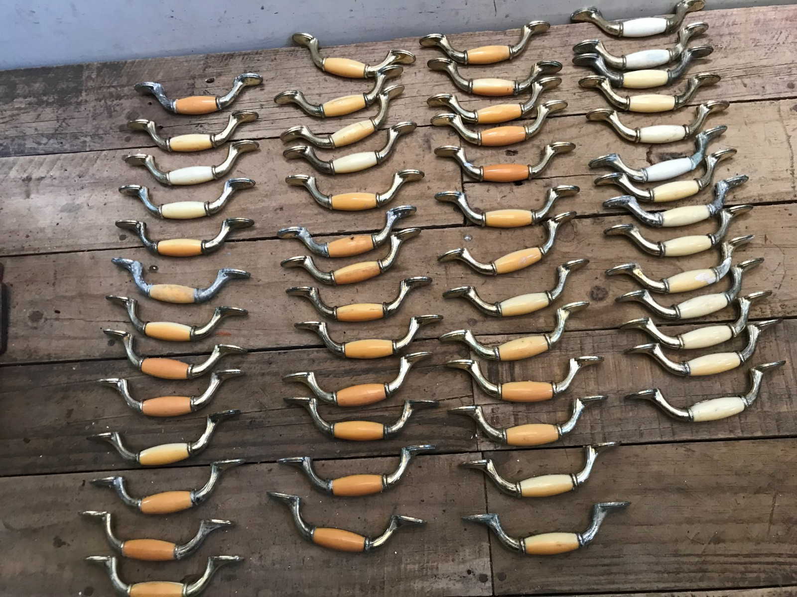 Lot 53 Vintage Art Deco Waterfall Drawer Pulls Metal Cream Butterscotch w/ screw