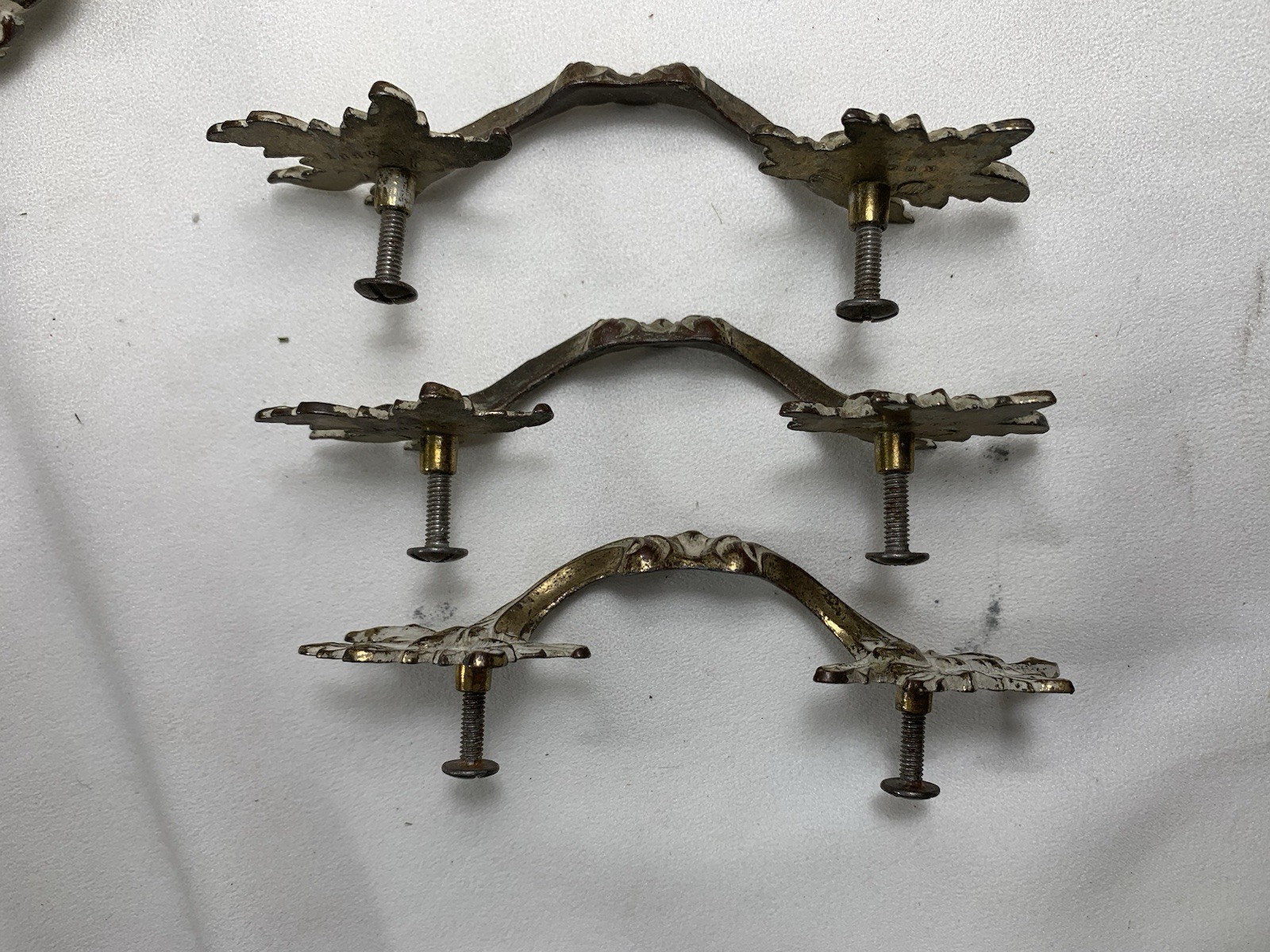 11 Vintage French Provincial Drawer Pulls 3″ centers + 4 Brass & White Coloring