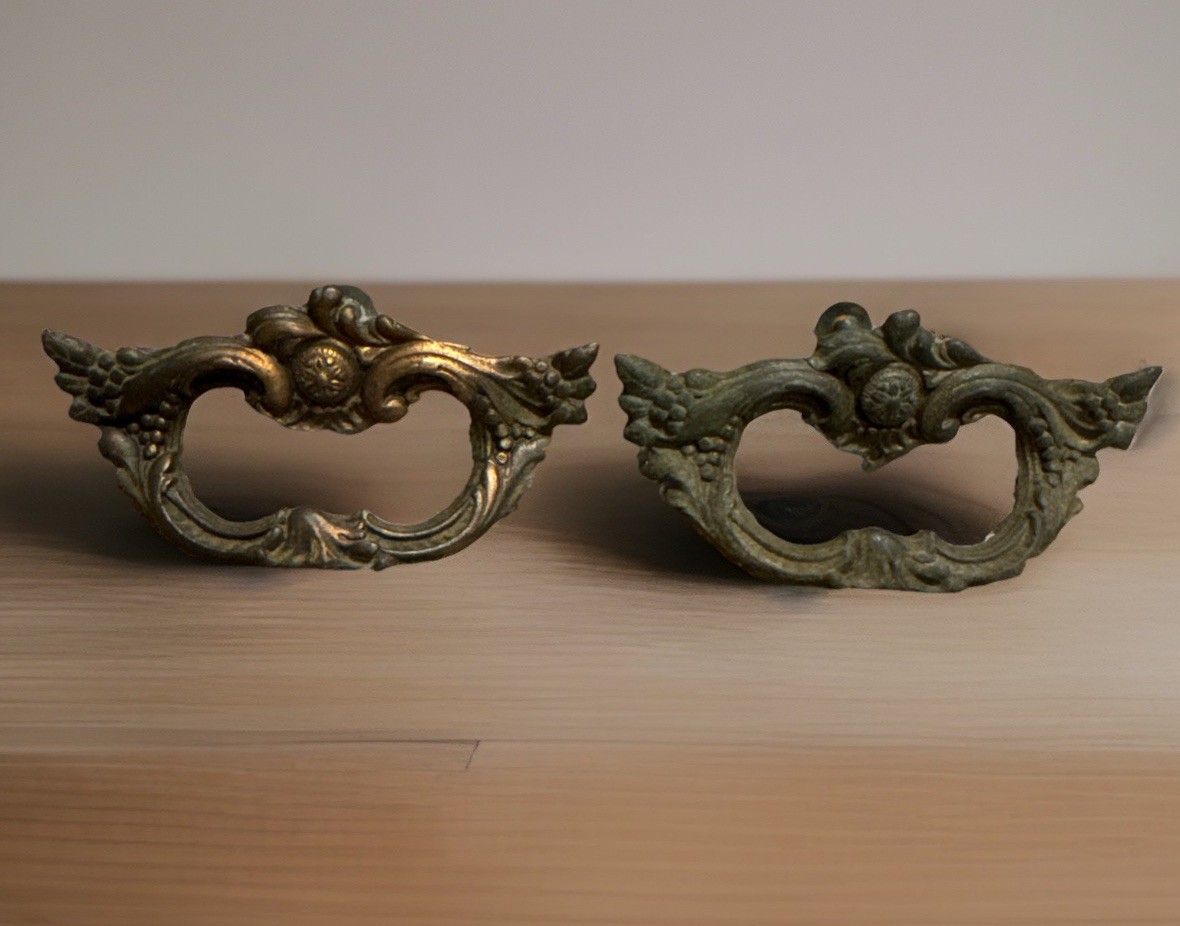 Vintage Pair 3” French Provincial Brass Finger Pull Drawer Handle Ornate Rococo