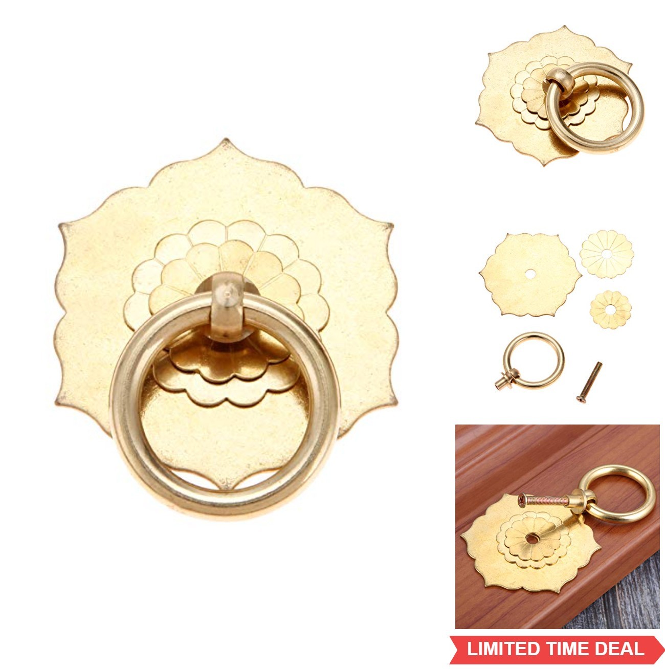 Antique Ring Pulls Brass Hexagonal Flower Drop Knobs for Cabinet Drawer Dresser