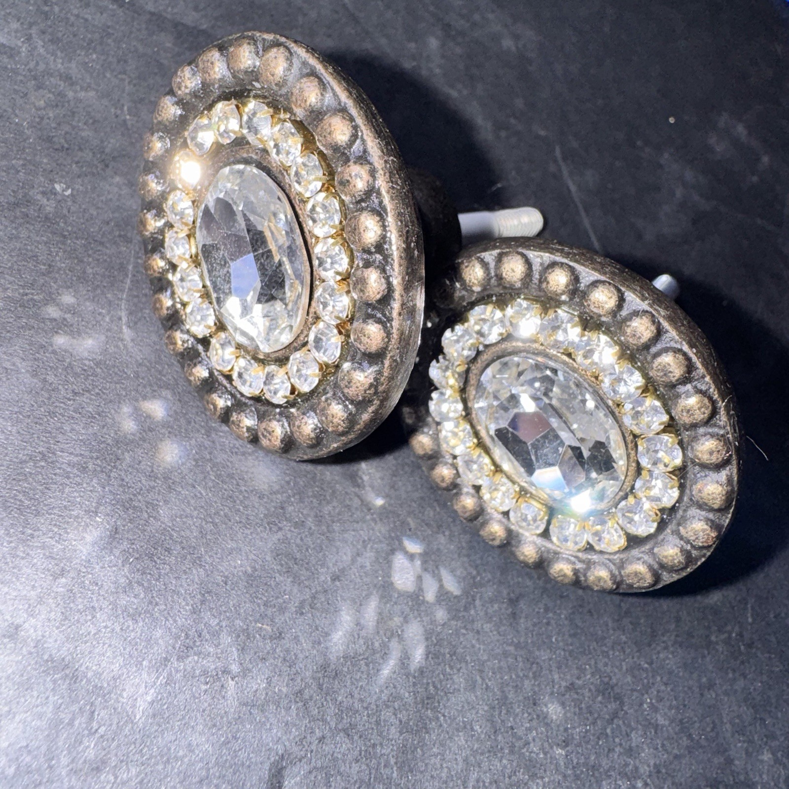 Set of 2 Vintage Rhinestone Oval Drawer Knobs Pulls Bronze Tone Cabinet Hardware