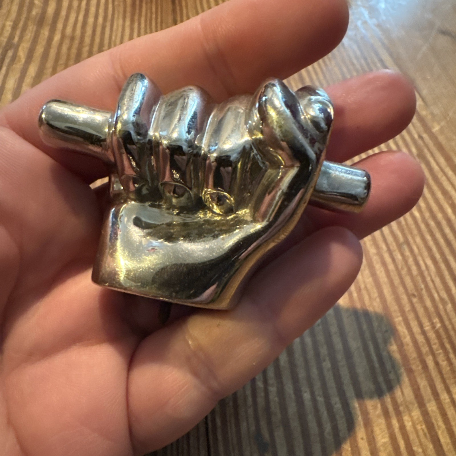 Chrome Pair Plated Figural Vintage Drawer Pulls Hands Gripping Bar Industrial