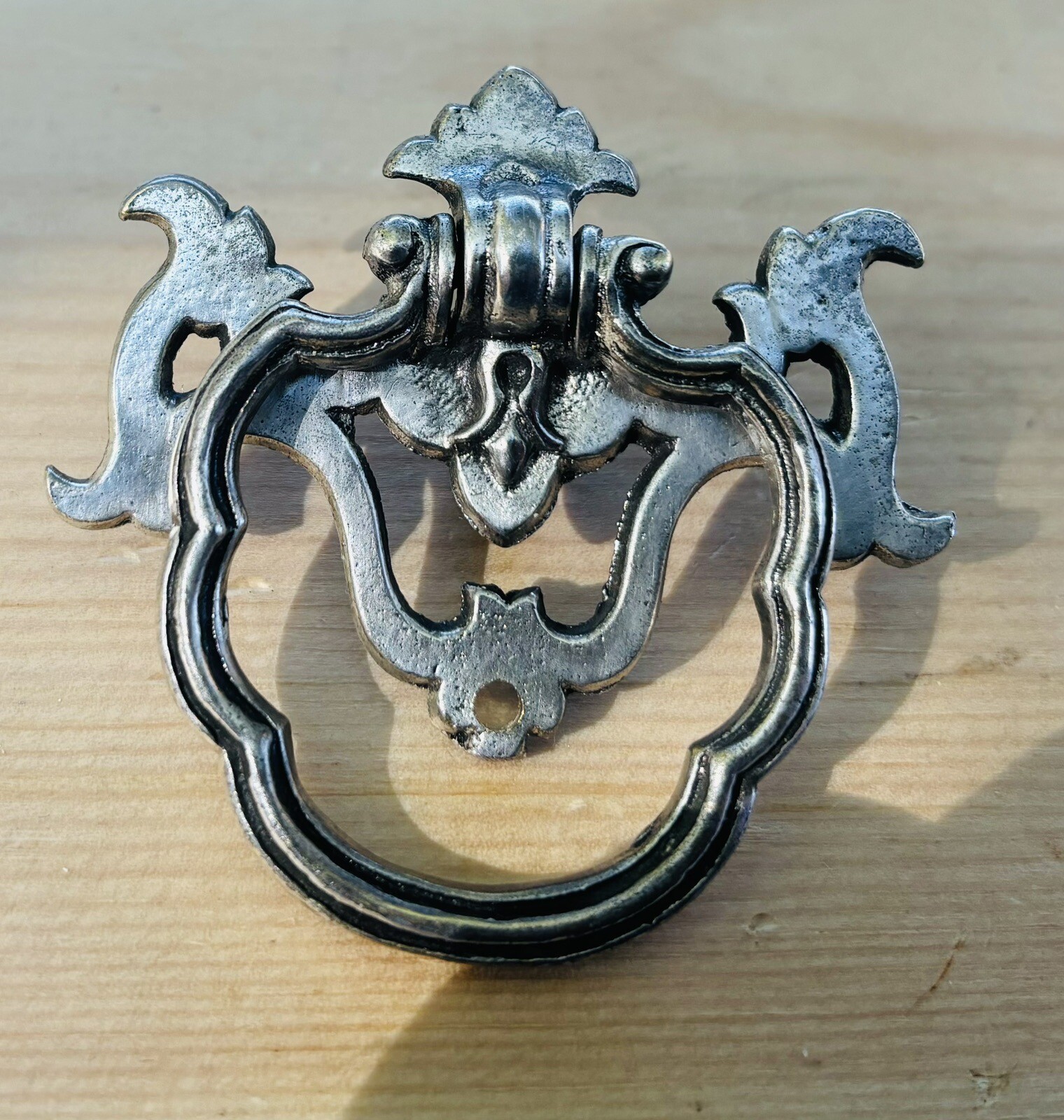 RARE Silver Nickel Antique Hardware Drawer Pull Victorian Brass Drop Ring F205