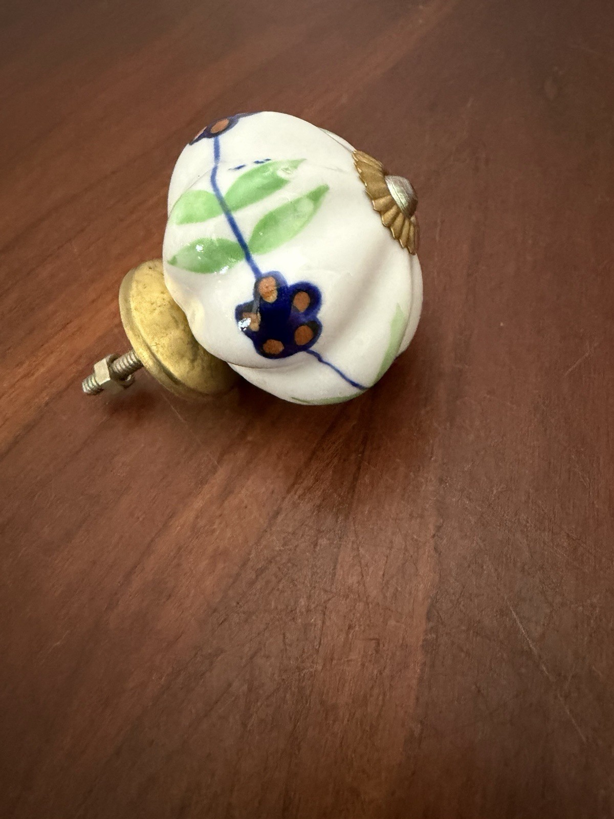 Vintage Hand Painted 2” Cabinet/drawer Knob W/ Green/blue Floral Design Ceramic