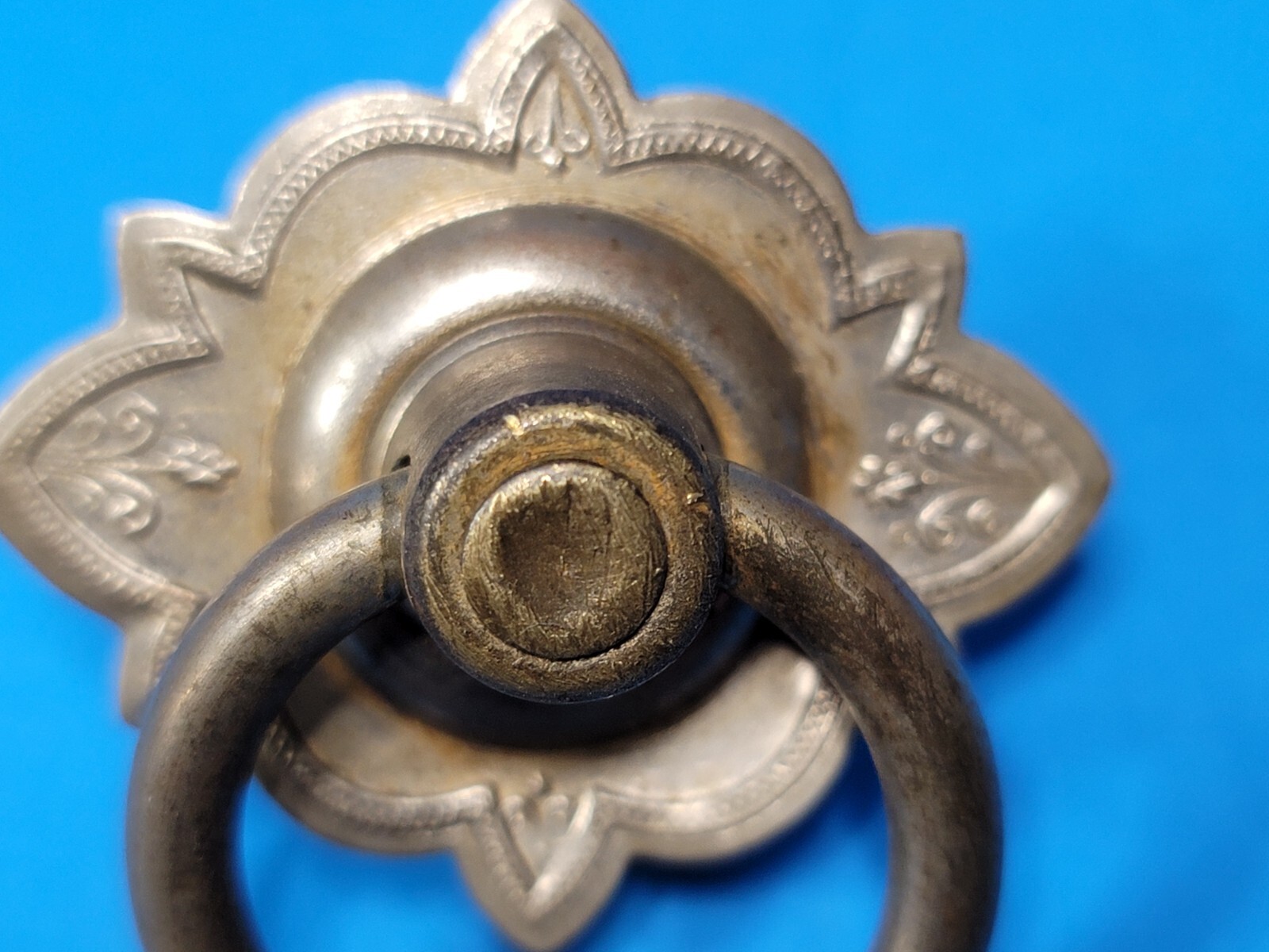 Drawer Pull Drop Ring Ornate Nickel Brass Floral Pattern Vintage
