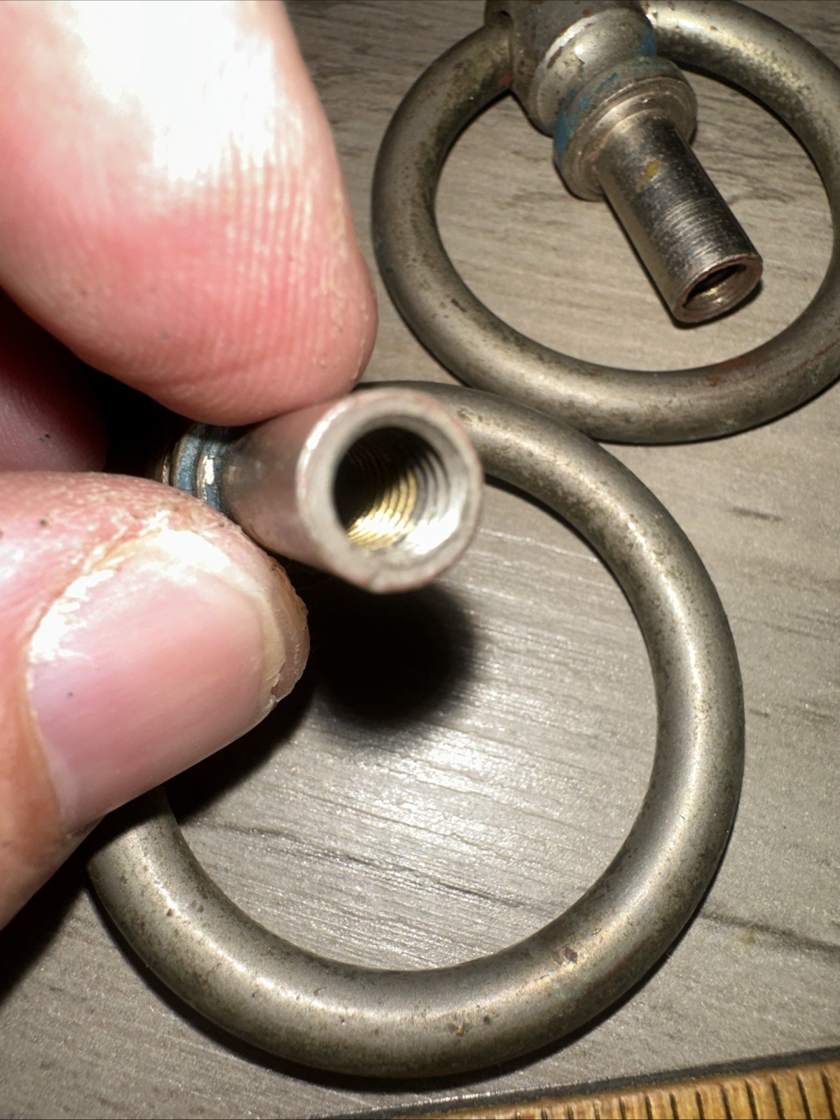 2 Round Drawer Pulls Nickel Brass Drop Handles Nice Patina!