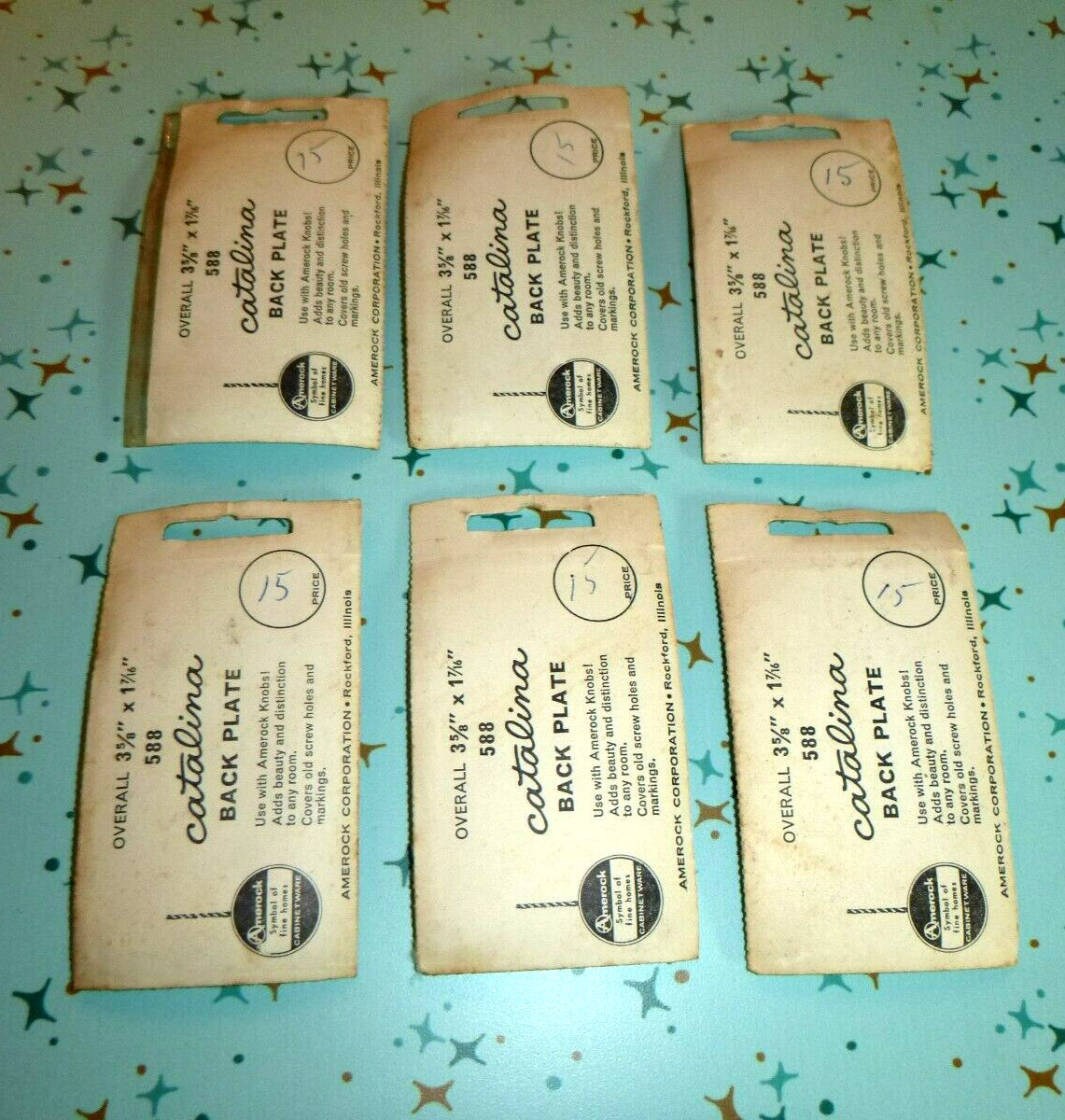 6 NOS Vtg Mid Century Amerock Starburst Backplates Satin Copper Cabinet Hardware