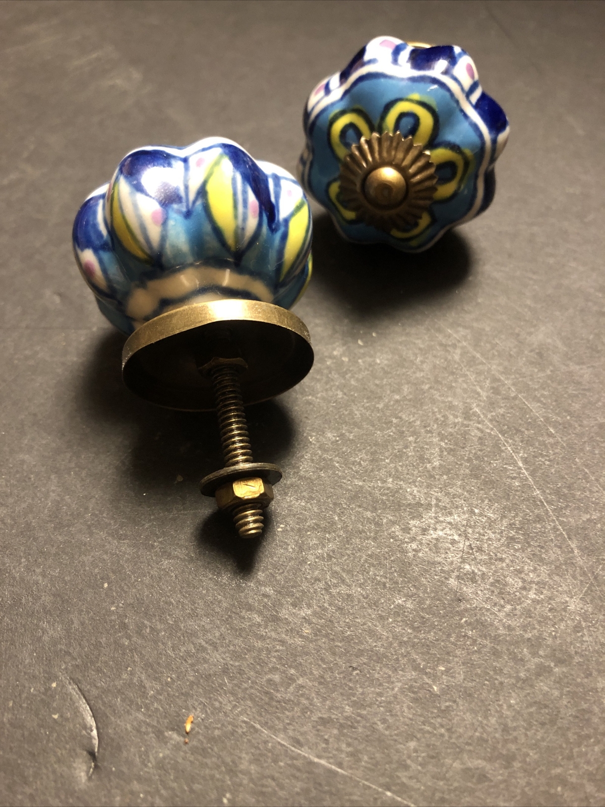 Antique Drawer Pulls Blue Pattern Cabinet Kitchen Door Knob Handle Lot of 2