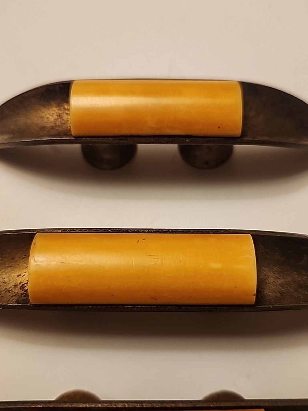 3 Vtg Art Deco Brass Cabinet Drawer Pulls Bakelite Centers Rare Retro Salvage