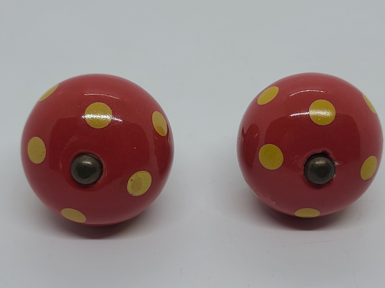Antique Pair Red Round Porcelain with Yellow Spots Drawer Cabinet Pull Handles