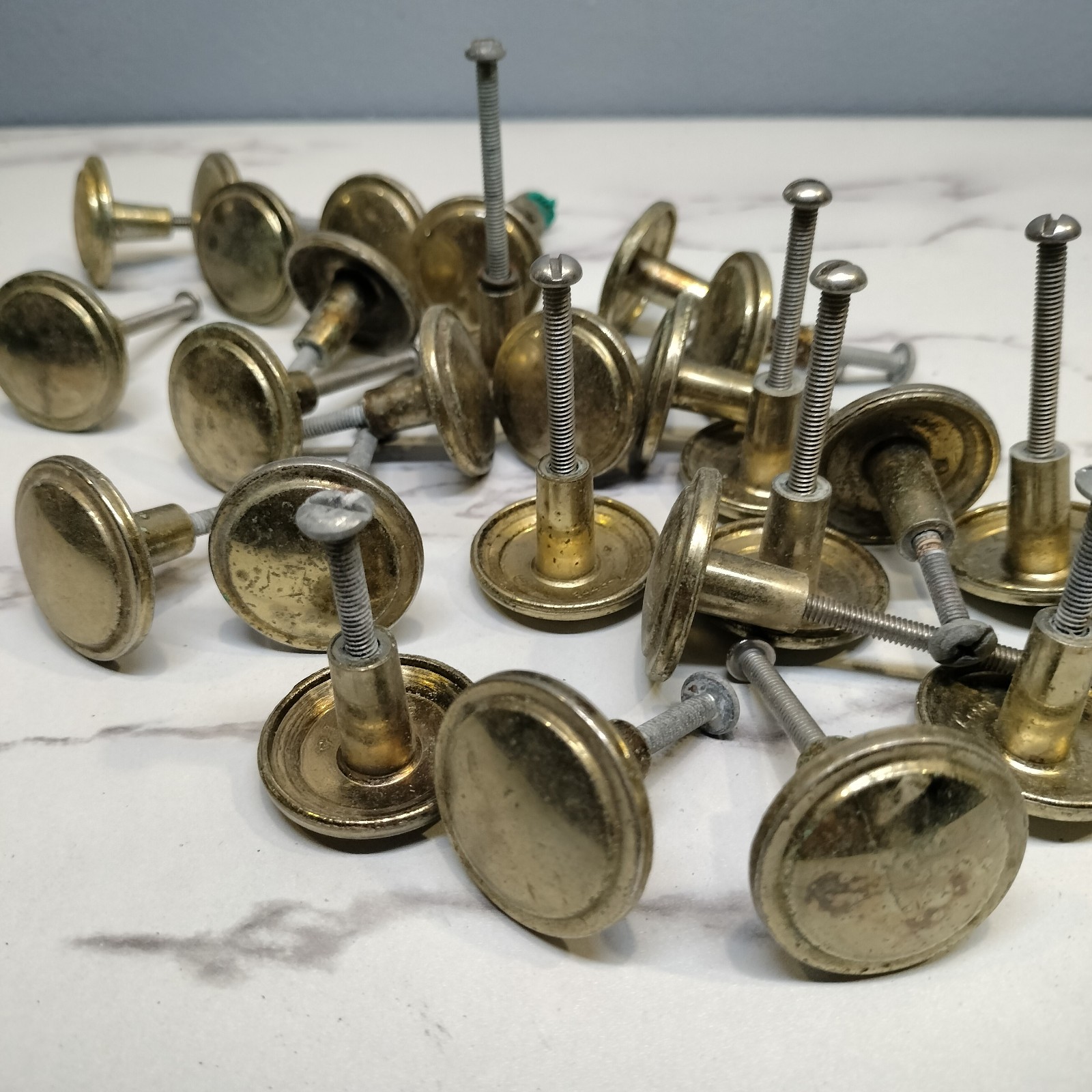 Antique style Brass Round Top Button Style Door/Drawer Knob Pulls Lot Of 27 USED