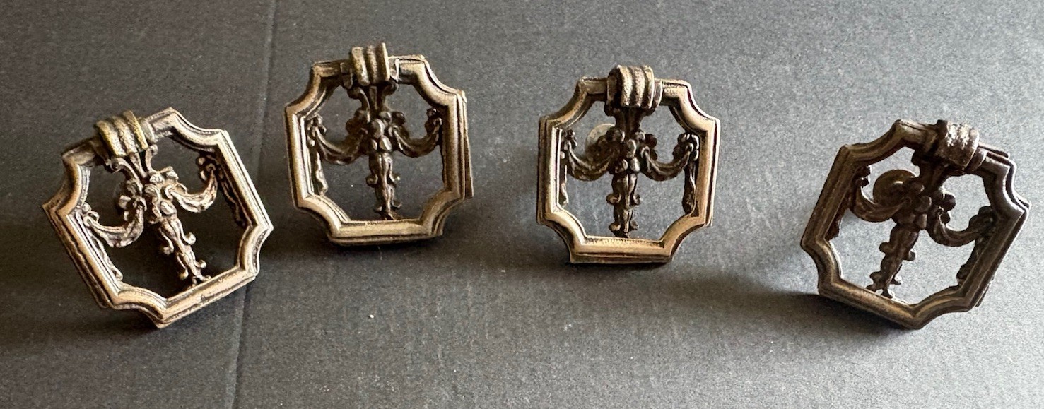 4 antique hardware drop ring drawer pull Set # 3455 Rococo Inspired Hexagonal