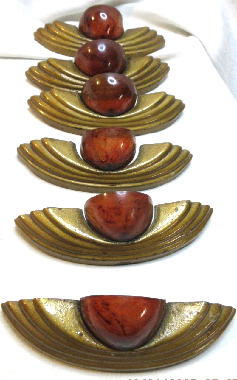 RARE~ART DECO BUREAU DRAWER PULLS~ SIX(6) METAL AND LUCITE IN AN OLD CIGAR BOX
