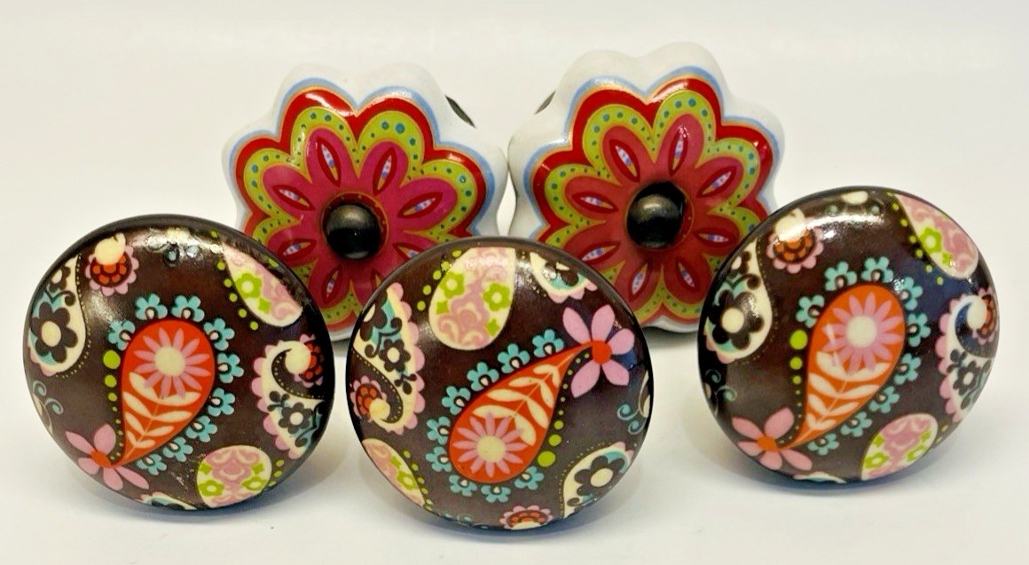 5 -Cabinet Knobs Floral Paisley Boho 1.5″ Single Mount Hand Painted Drawer Pulls