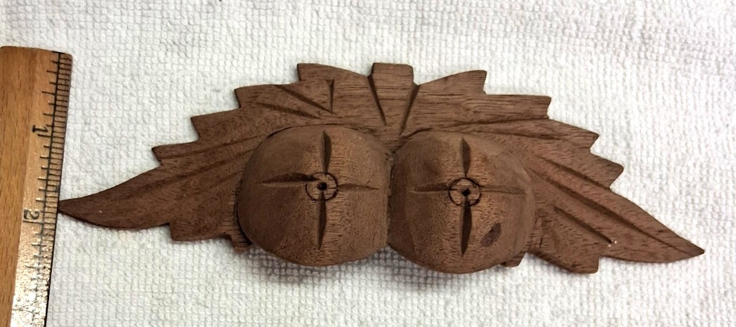 ANTIQUE WALNUT CARVED LEAF AND NUT PATTERN DRAWER, BIN, DOOR, HANDLE