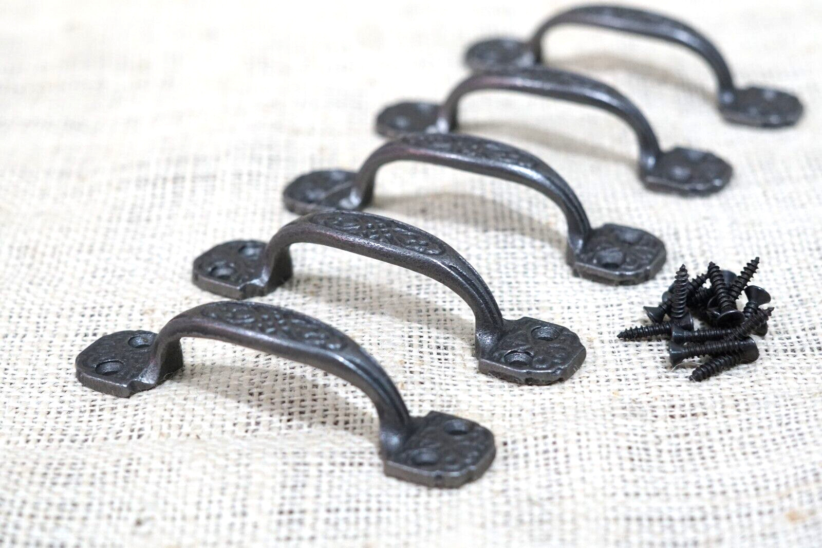 5 Small Drawer Pulls 4 1/4″ Window Antique Vintage Style Ornate Rustic Cast Iron