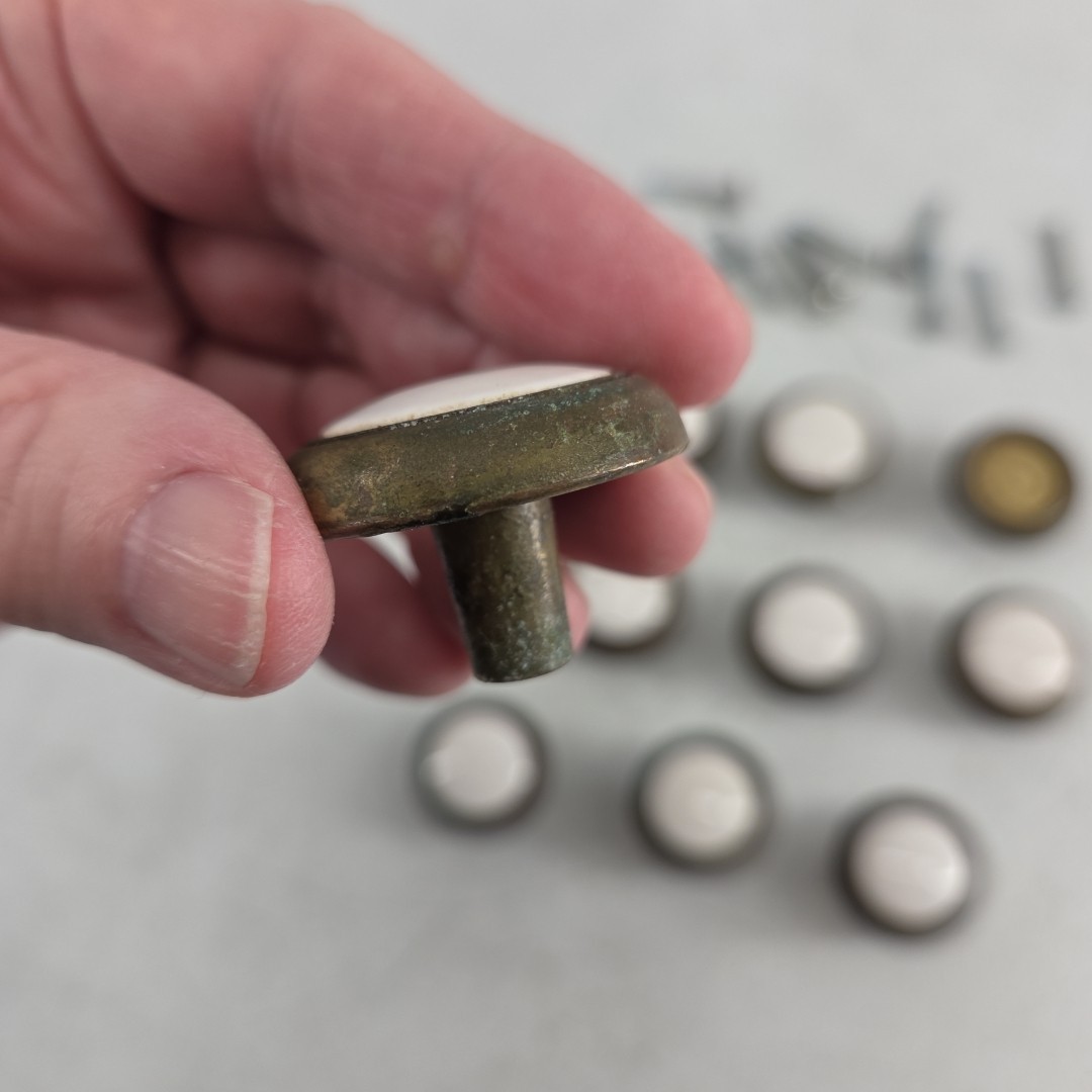 Vintage Lot of 11 Drawer Pull Knobs Round Handle Porcelain Brass