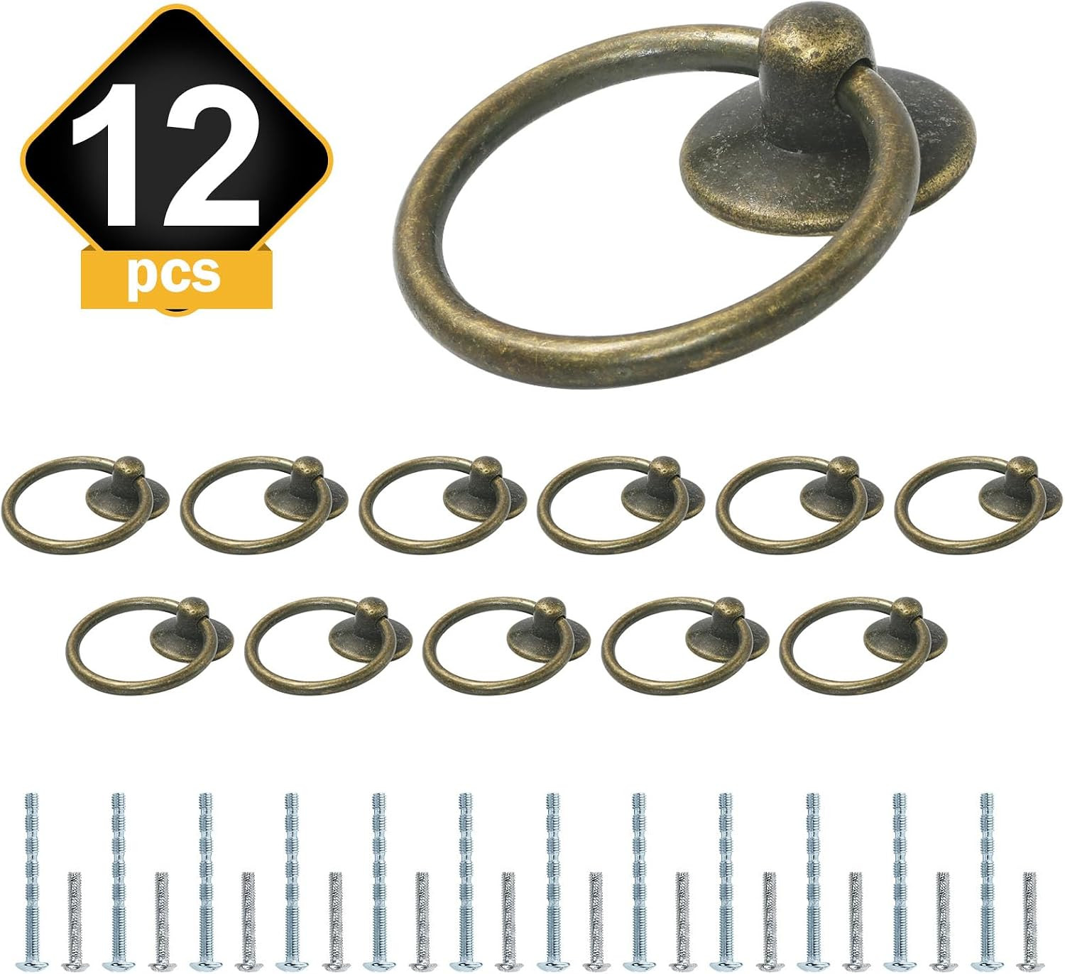 12Pcs Antique Brass Ring Drawer Pulls, Vintage Cabinet Ring Handles, Metal Drawe