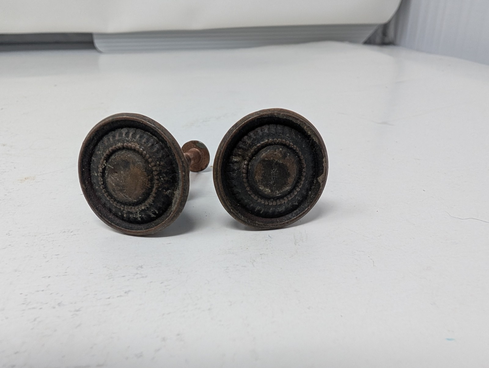 SET OF 2 ROUND 1″ DRAWER PULLS VINTAGE ORNATE BRASS & STEEL
