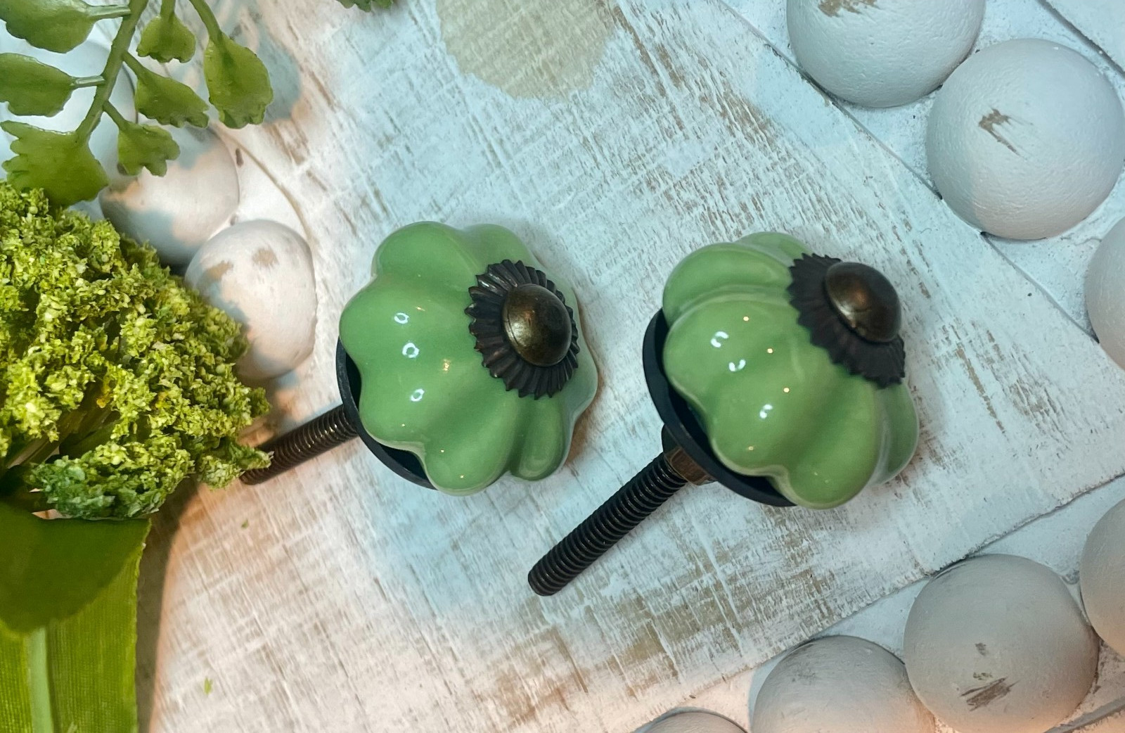 Antique Ceramic Gold Bronze Drawer Pulls Green Flower Door Kitchen Cabinet Knob