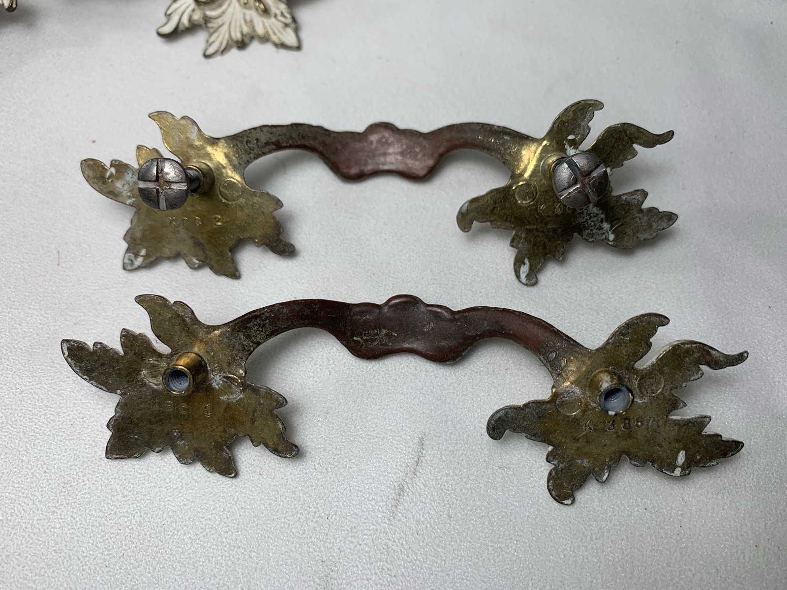 11 Vintage French Provincial Drawer Pulls 3″ centers + 4 Brass & White Coloring