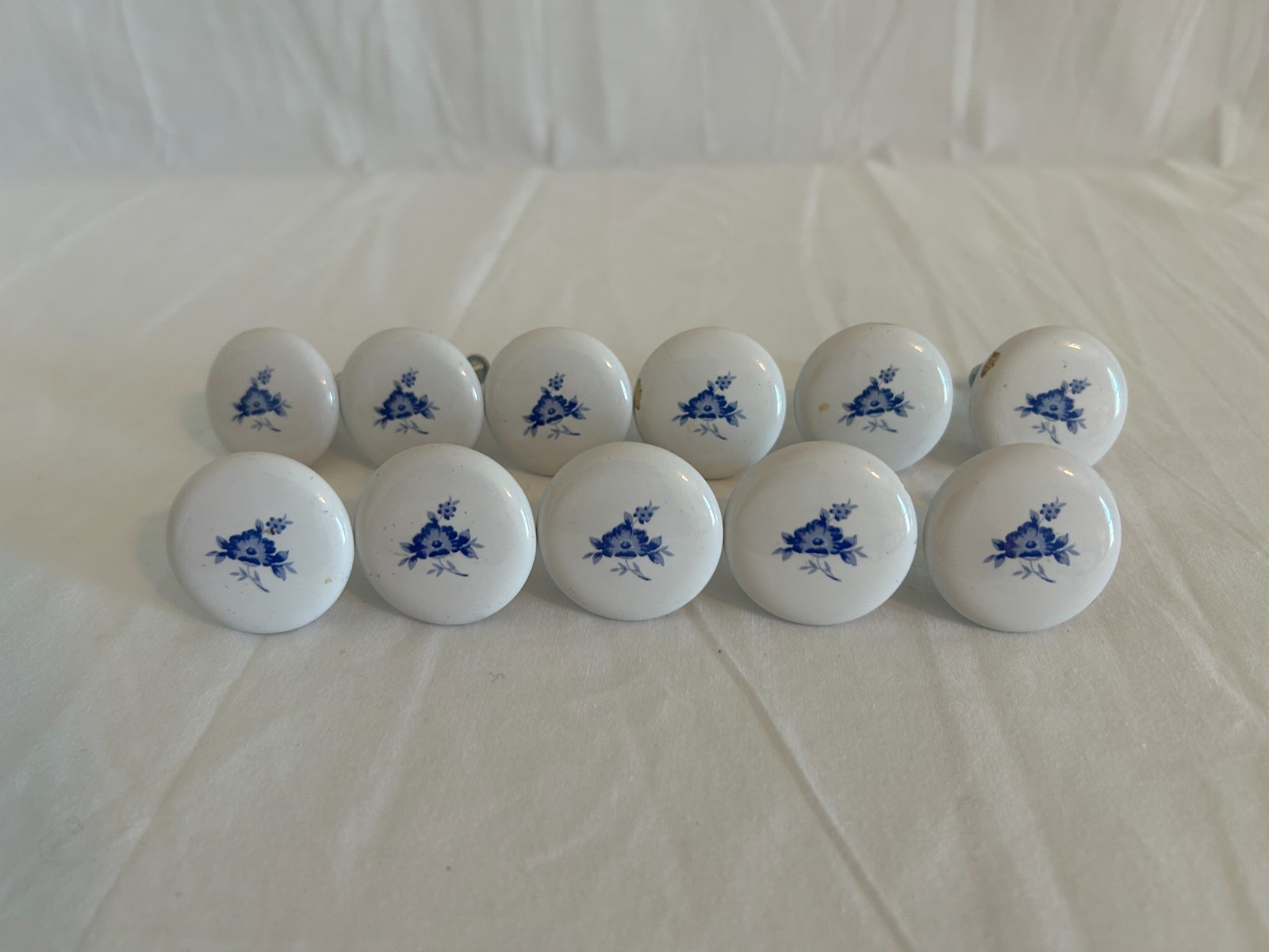 Vintage Porcelain Cabinet Knobs with Blue Floral Design Drawer Pulls Set of 11