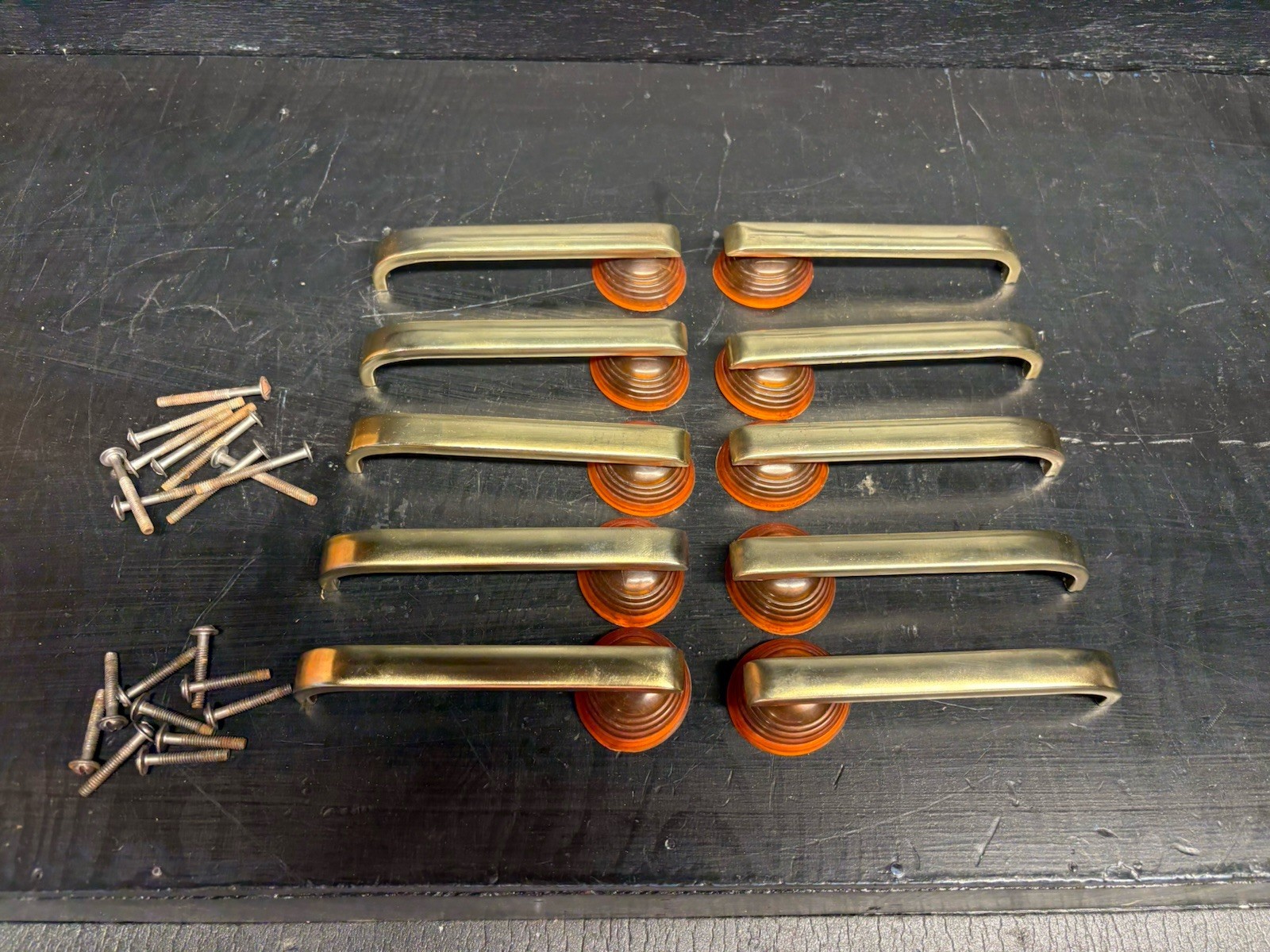 10 Very Nice Vintage Art Deco Brass And Bakelite 4.25” Drawer Pulls With Screws