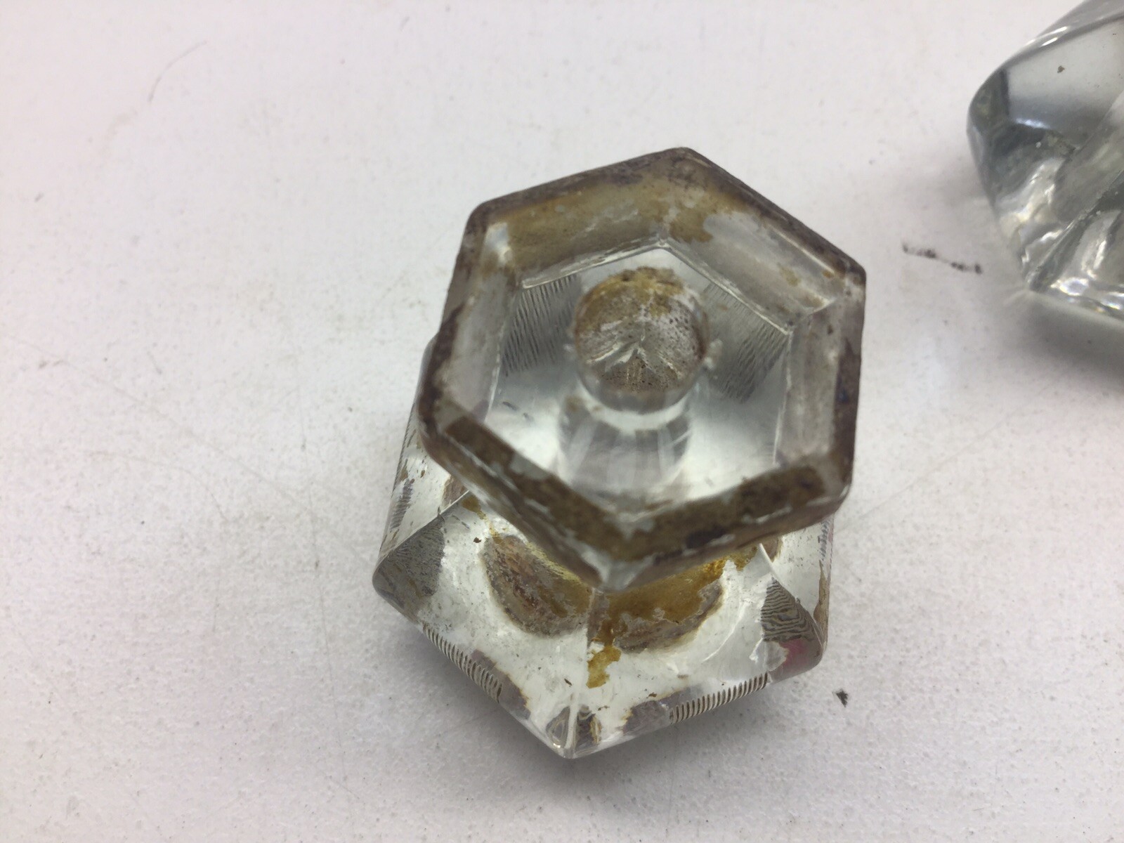 3 Vintage Hexagon Glass Knob Drawer Pulls One Etched