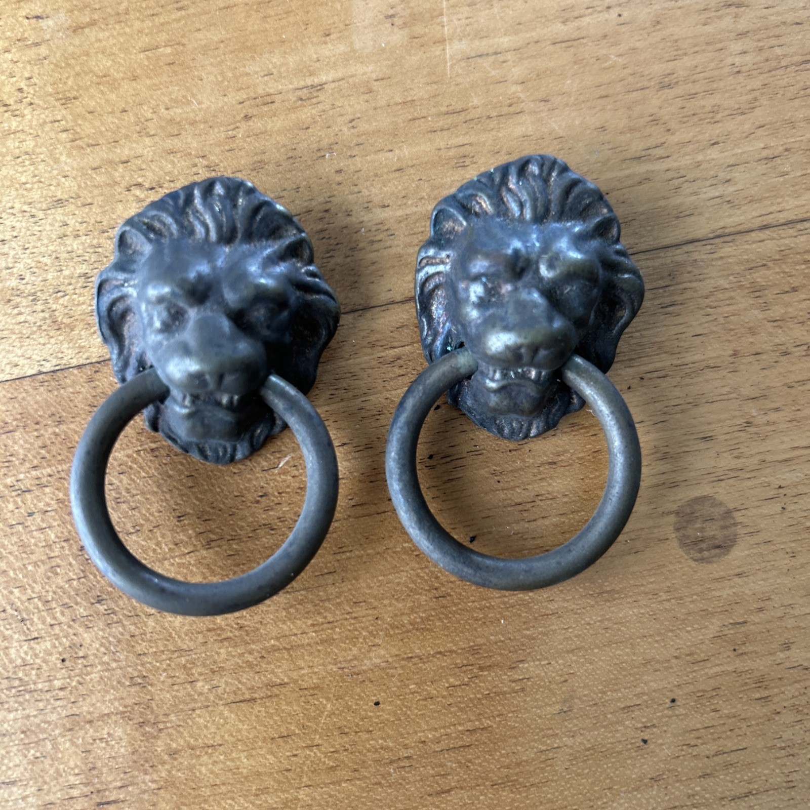 2 Antique Brass Lion Head Drop Ring Furniture Pulls 1” Back Plate
